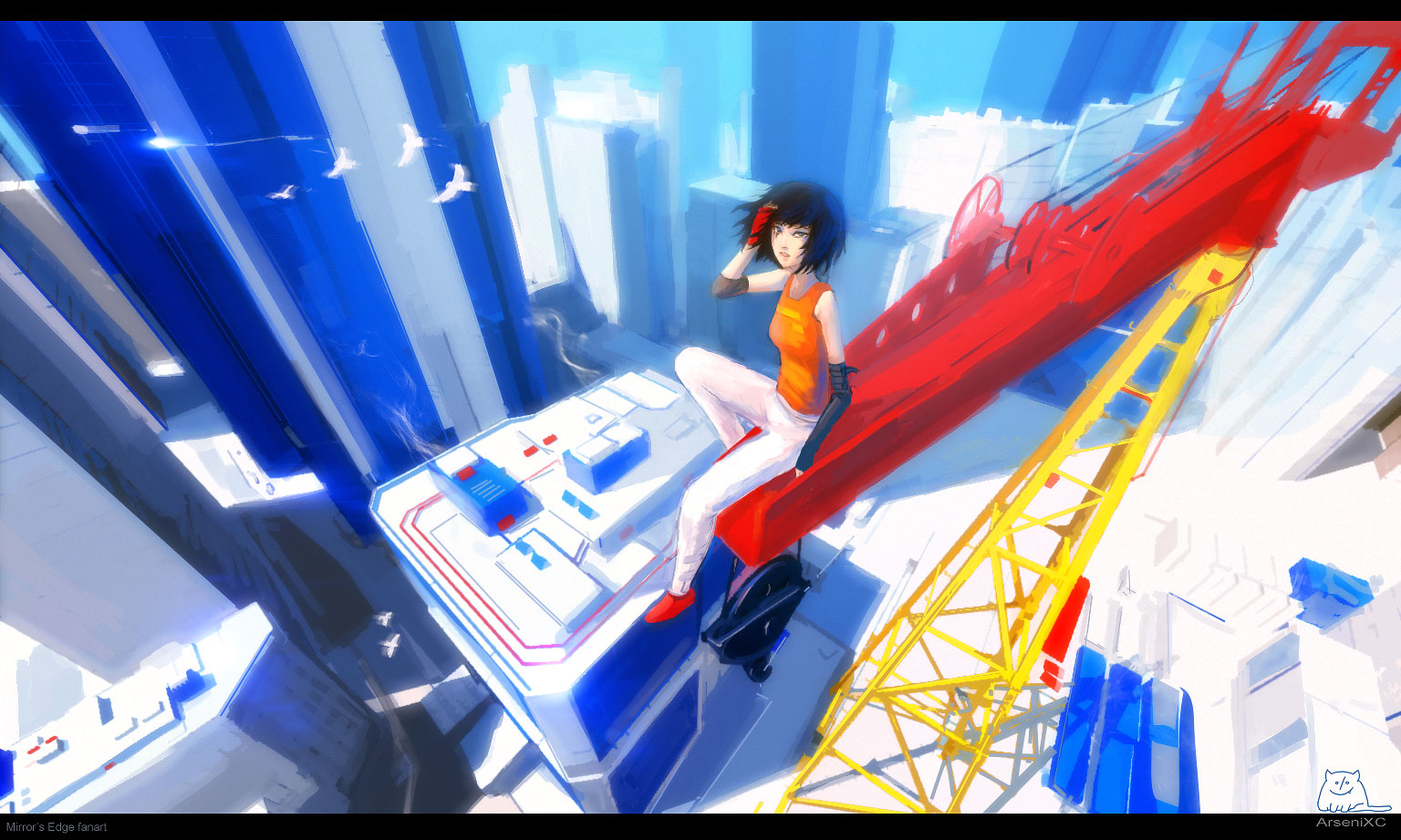 arsenixc, faith connors, mirror's edge, mirror's edge (series), bad id, bad pixiv id, 1girl, alternate costume, bird, black hair, blue eyes, city, cityscape, female focus, fingerless gloves, foreshortening, gloves, hand in own hair, letterboxed, perspective, rooftop, scenery, short hair, sitting, solo, tattoo