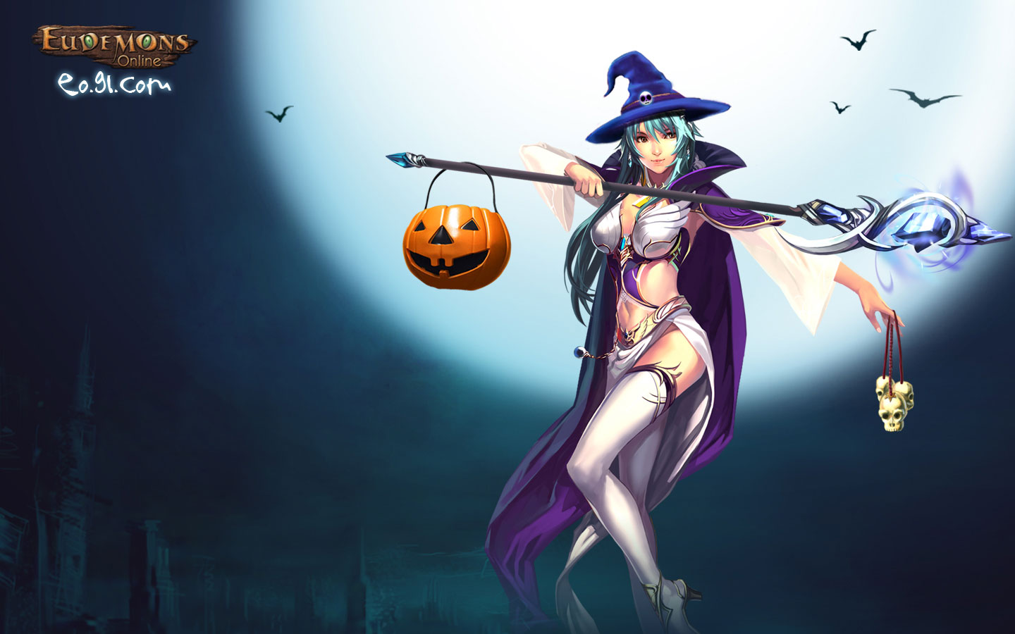 eudemons, 1girl, aqua hair, female focus, halloween, hat, jack-o'-lantern, long hair, moon, pumpkin, skull, solo, staff, thighhighs, wand, witch, witch hat
