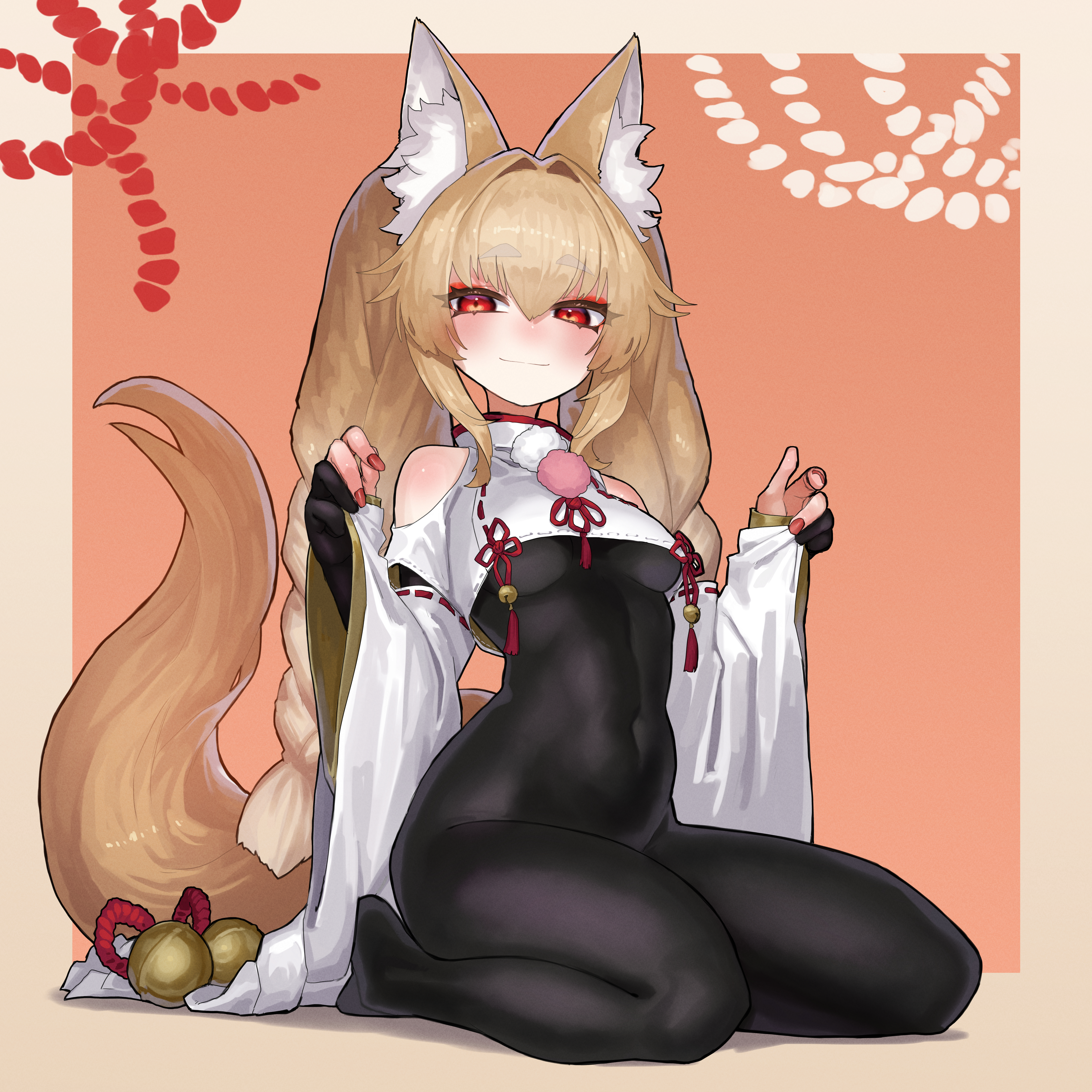 ekrea jan, hokori kei, indie virtual youtuber, absurdres, commentary, commission, highres, skeb commission, 1girl, animal ear fluff, animal ears, artist glove, bare shoulders, bell, blonde hair, bodysuit, braid, breasts, detached sleeves, fingerless gloves, fox ears, fox girl, fox tail, gloves, kneeling, light smile, long sleeves, looking at viewer, medium breasts, navel, nontraditional miko, orange background, red eyes, sitting, skin tight, solo, tail, thick eyebrows, thighs, twin braids, underboob, virtual youtuber, wariza