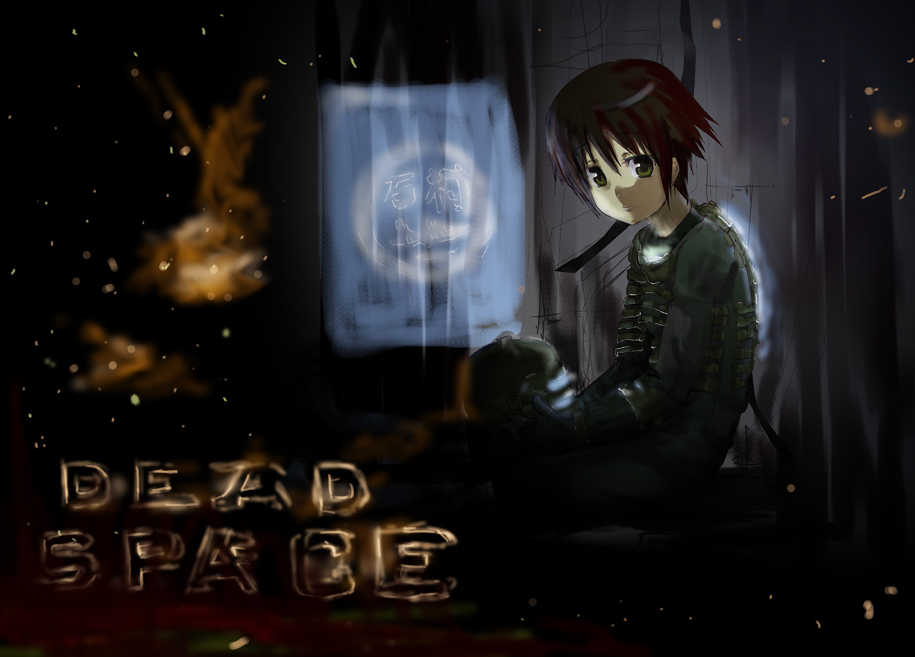 isaac clarke, dead space (series), 1boy, androgynous, armor, brown hair, dark, green eyes, helmet, male focus, science fiction, short hair, sitting, solo