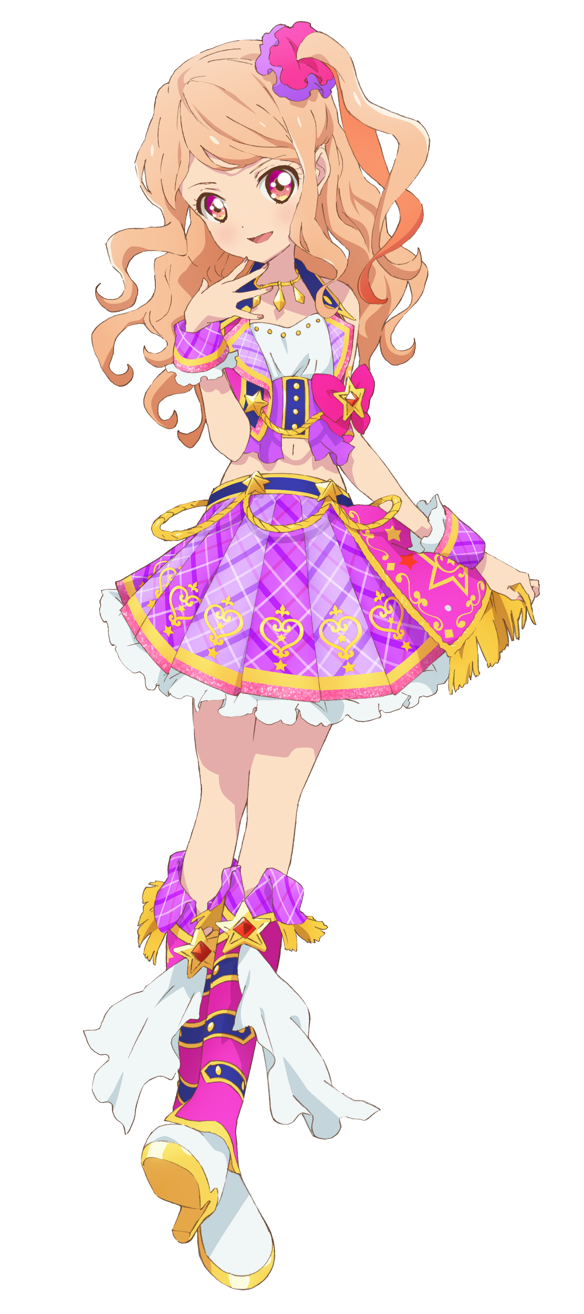 kasumi mahiru, aikatsu! (series), aikatsu stars!, absurdres, highres, official art, second-party source, 1girl, blonde hair, boots, bow, cropped shirt, frilled skirt, frills, full body, hair ornament, hair scrunchie, hand up, high heel boots, high heels, jewelry, long hair, looking at viewer, midriff, multicolored hair, necklace, one side up, open mouth, pink bow, plaid clothes, plaid skirt, pleated skirt, purple boots, purple eyes, purple skirt, scrunchie, simple background, skirt, skirt hold, smile, solo, standing, star (symbol), streaked hair, wavy hair, white background, wrist cuffs