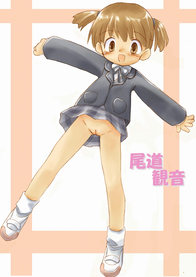 tatata, character request, copyright request, source request, translation request, blush, bottomless, bow, cleft of venus, loli, no panties, pussy, skirt, twintails