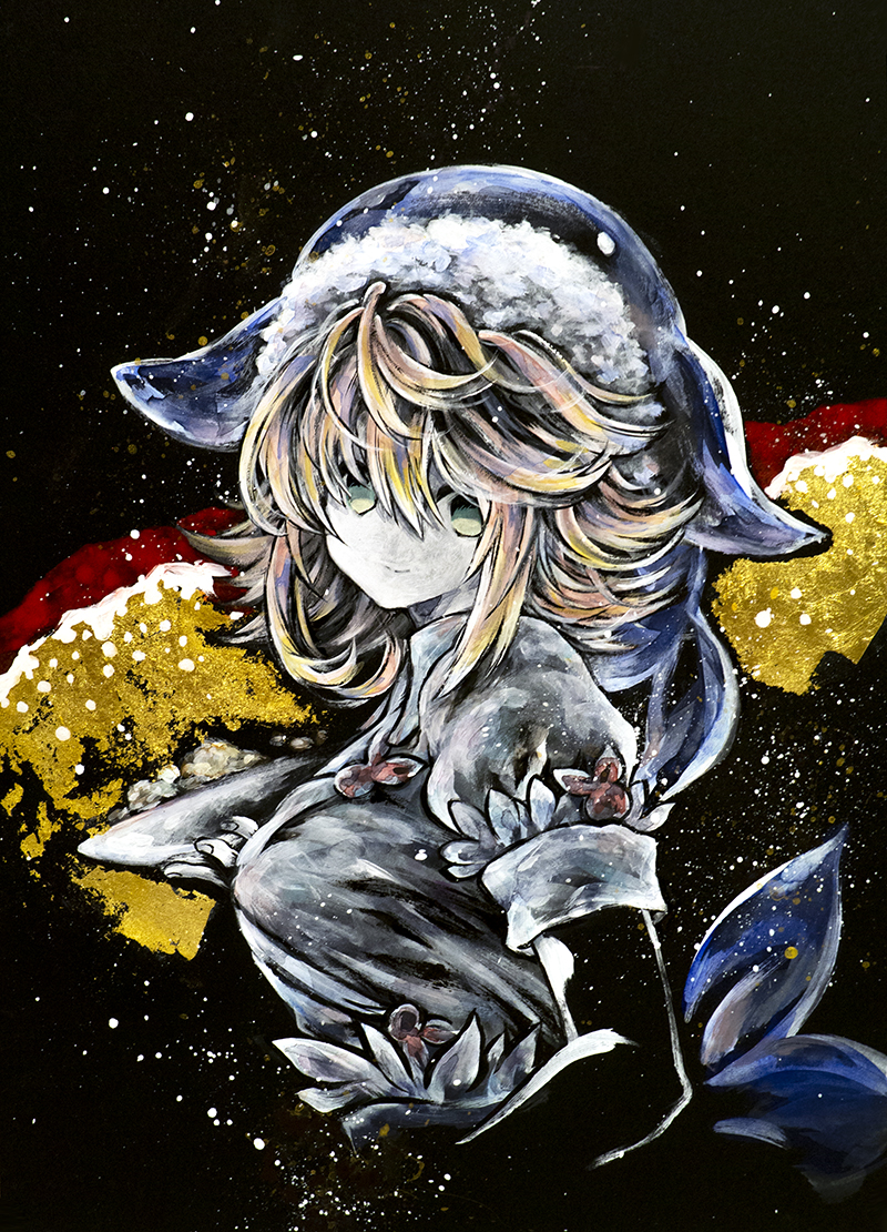 ikeda ruriko, okunoda miyoi, touhou, 1girl, black background, blue eyes, cropped torso, from side, looking at viewer, medium hair, pink hair, short sleeves, solo