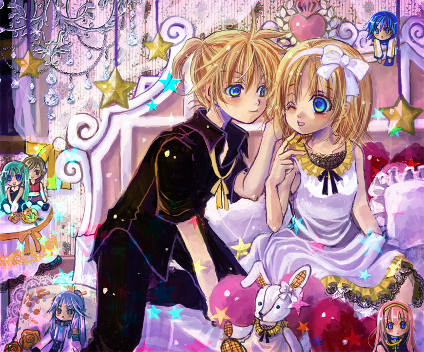 ruuko (artist), hatsune miku, kagamine len, kagamine rin, kaito (vocaloid), kamui gakupo, megurine luka, meiko (vocaloid), vocaloid, 3boys, 4girls, aqua hair, blonde hair, blue eyes, blue hair, brown eyes, brown hair, chibi, dress, everyone, flower, hair ribbon, long hair, midriff, multiple boys, multiple girls, one eye closed, pink hair, ribbon, scarf, short hair, siblings, star (symbol), twins, twintails, very long hair, wink