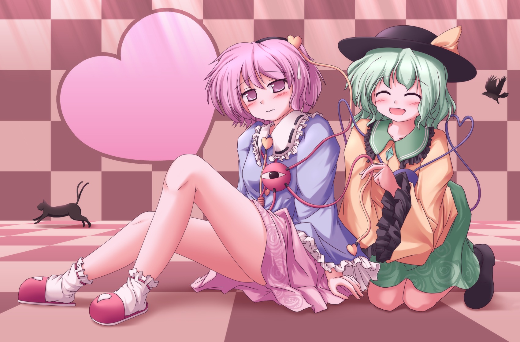 lzh, kaenbyou rin, kaenbyou rin (cat), komeiji koishi, komeiji satori, reiuji utsuho, reiuji utsuho (bird), touhou, duplicate, highres, 2girls, blush, closed eyes, female focus, heart, multiple girls
