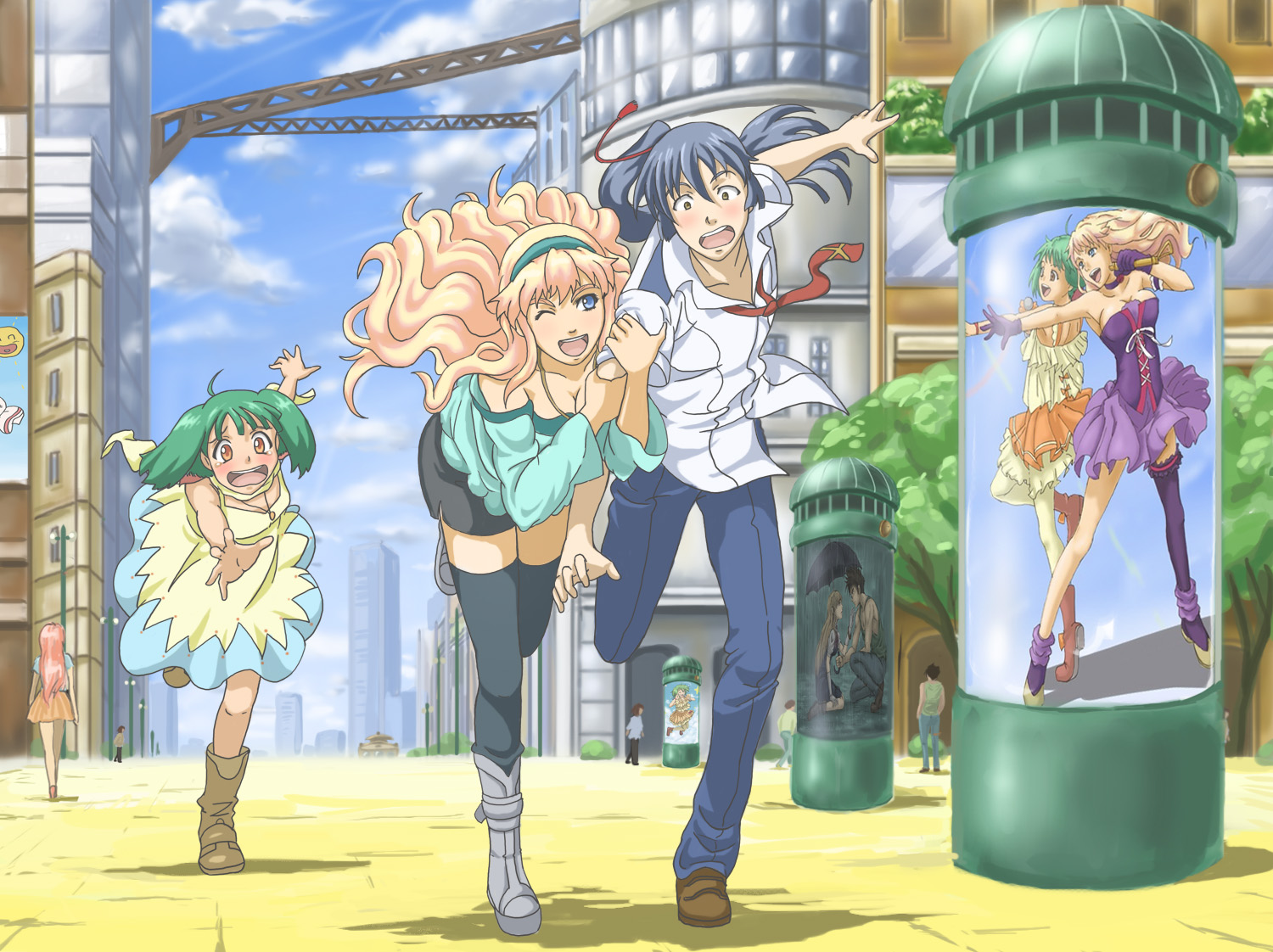 hirasawa meio, mylene jenius, nekki basara, ranka lee, saotome alto, sheryl nome, macross, macross frontier, 00s, 3girls, 5boys, blonde hair, multiple boys, multiple girls, one eye closed, thighhighs, wink