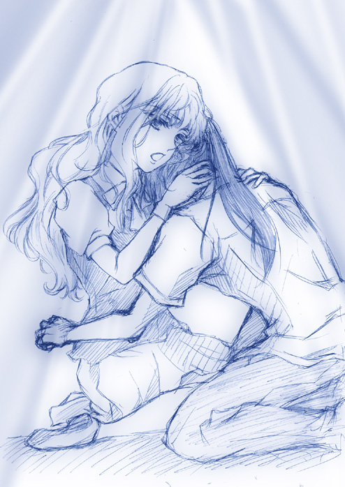 shou fuji, saotome alto, sheryl nome, macross, macross frontier, 00s, 1boy, 1girl, blue theme, monochrome, sketch