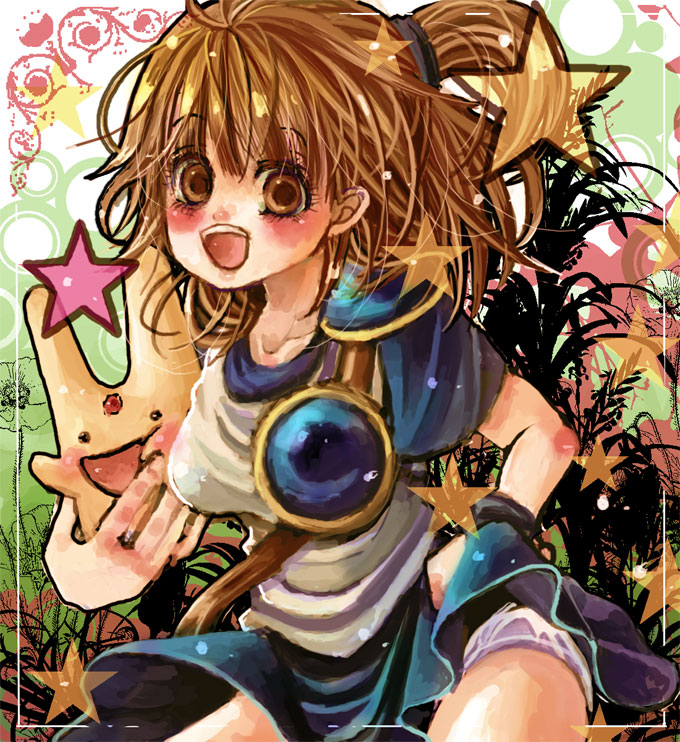 ruuko (artist), arle nadja, carbuncle (puyopuyo), madou monogatari, puyopuyo, 1girl, armor, blue skirt, blush, brown eyes, brown hair, half updo, panties, ponytail, skirt, smile, star (symbol), underwear, white panties