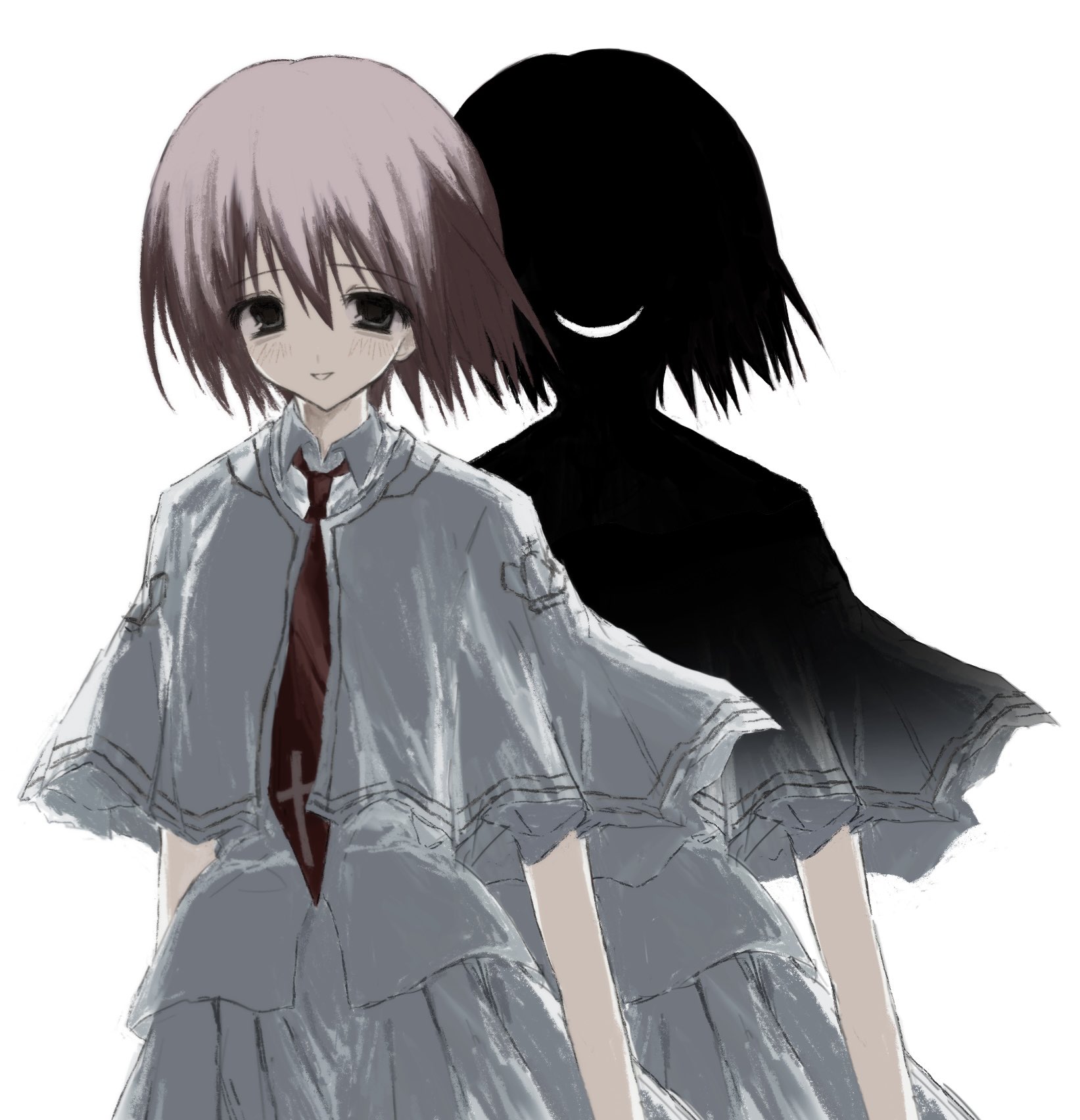 fzrlq, otonashi ayana, subarashiki hibi, derivative work, highres, 2girls, black eyes, capelet, cowboy shot, cross, cross print, dual persona, evil smile, grey capelet, grey skirt, grin, looking at viewer, multiple girls, necktie, pink hair, red necktie, school uniform, short hair, simple background, skirt, smile, white background