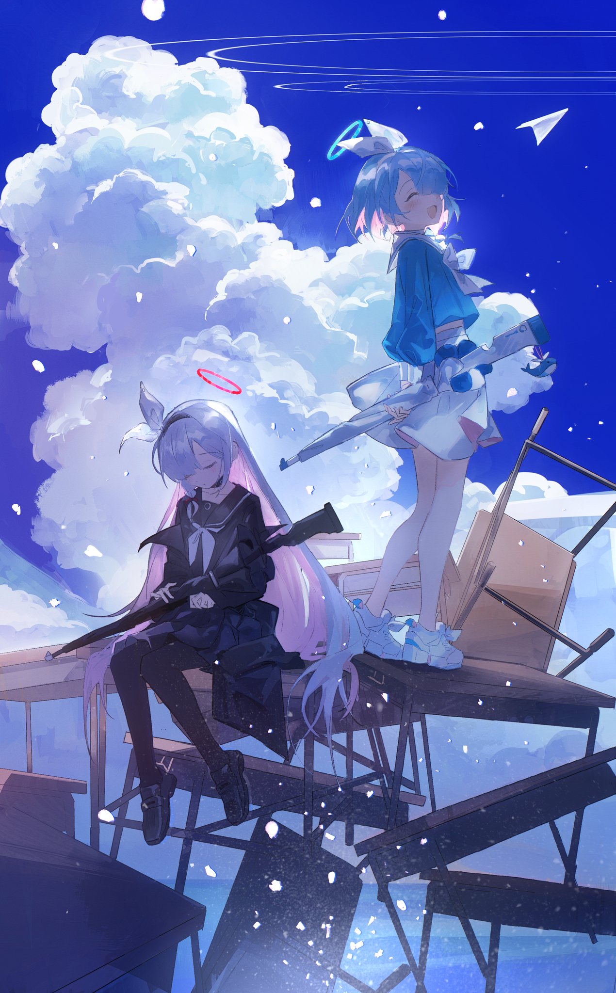 axleaki, arona (blue archive), plana (blue archive), blue archive, commentary request, highres, 2girls, :d, black choker, black coat, black hairband, black pantyhose, black sailor collar, black serafuku, black shoes, black skirt, blue hair, blue halo, blue shirt, blue sky, blush, bow, bow hairband, bowtie, braid, choker, closed eyes, closed mouth, cloud, coat, colored inner hair, cumulonimbus cloud, desk, facing viewer, from side, full body, gun, hair over one eye, hairband, halo, holding, holding gun, holding weapon, horizon, loafers, long hair, long sleeves, midriff peek, multicolored hair, multiple girls, neckerchief, on desk, one eye covered, open mouth, outdoors, pantyhose, paper airplane, pink hair, pleated skirt, puffy long sleeves, puffy sleeves, red halo, sailor collar, school desk, school uniform, serafuku, shirt, shoes, short hair, single braid, sitting, skirt, sky, smile, sneakers, standing, umbrella gun, very long hair, weapon, white bow, white bowtie, white choker, white hair, white hairband, white neckerchief, white sailor collar, white shoes, white skirt