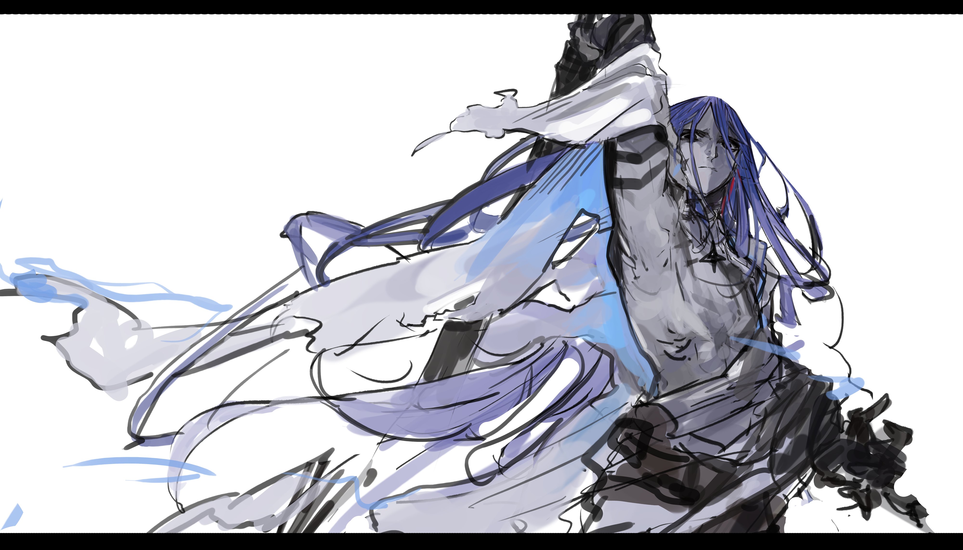 yorurokujuu, fate/grand order, fate (series), absurdres, highres, 1boy, azrael (grand assassin) (fate), bags under eyes, black eyes, blue hair, colored skin, dark-skinned male, dark skin, facial scar, grey skin, hair between eyes, hair ornament, long hair, looking at viewer, male focus, robe, scar, scar on cheek, scar on face, simple background, solo, torn clothes, torn robe, upper body, white background