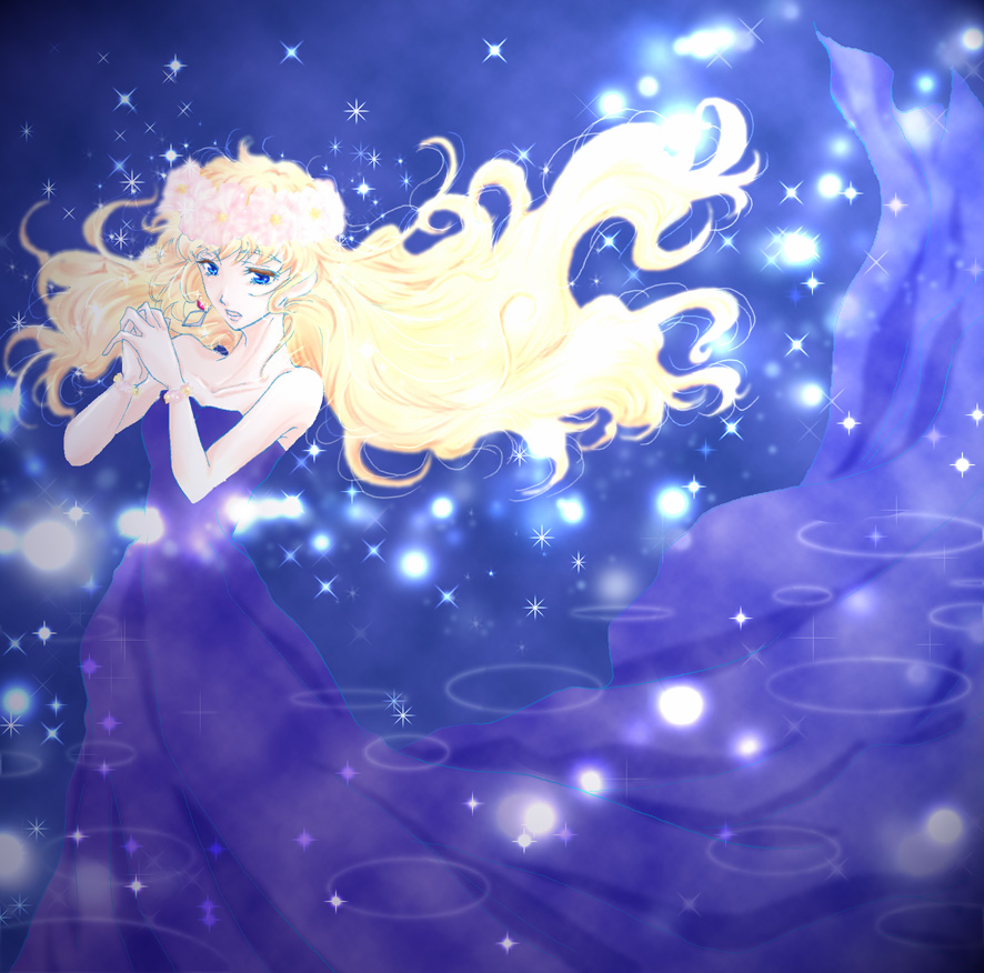 shou fuji, sheryl nome, macross, macross frontier, 00s, 1girl, bare shoulders, blonde hair, collarbone, dress, female focus, floating hair, gem, jewelry, long hair, looking at viewer, necklace, own hands together, pendant, solo, standing, strapless, strapless dress, very long hair, wavy hair, wind