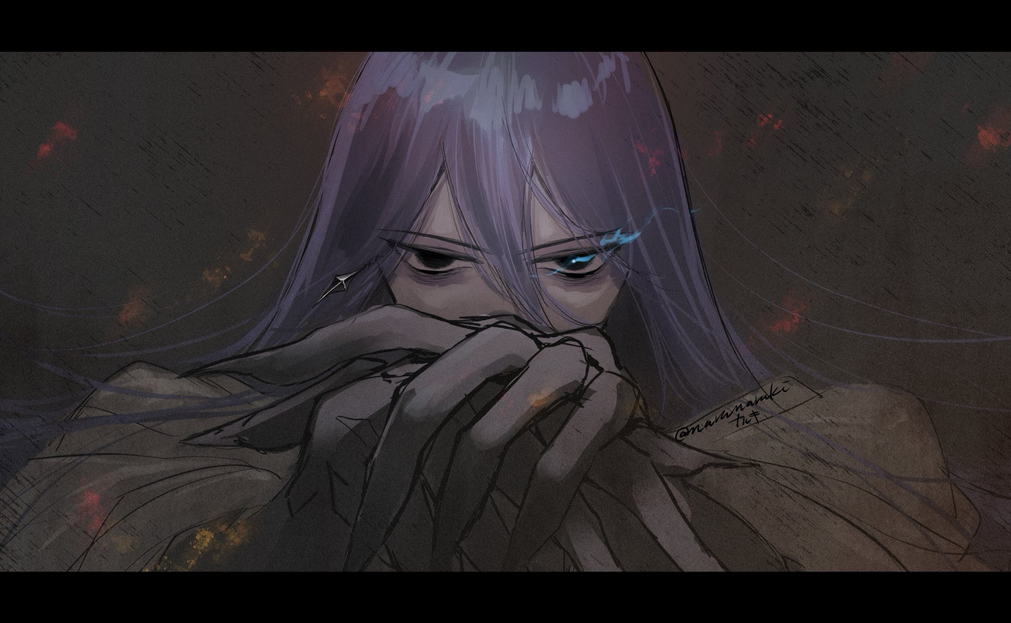 fate/grand order, fate (series), highres, 1boy, azrael (grand assassin) (fate), bags under eyes, black eyes, blue fire, colored skin, dark-skinned male, dark skin, fire, grey background, grey skin, hair between eyes, long hair, male focus, narunaruki, purple hair, solo