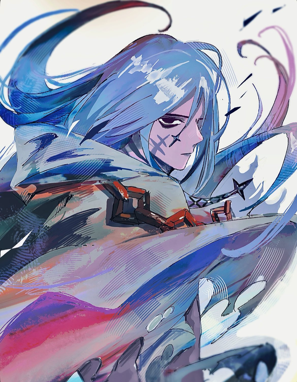 u~o sushi (12345678q10 ), fate/grand order, fate (series), highres, 1boy, azrael (grand assassin) (fate), bags under eyes, black eyes, blue hair, facial scar, floating hair, hair between eyes, hair ornament, long hair, looking at viewer, male focus, robe, scar, scar on cheek, scar on face, simple background, solo, torn clothes, torn robe, upper body, white background, white robe
