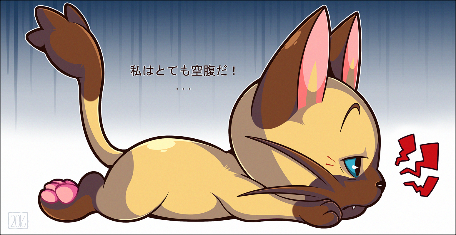 woofzilla, felyne, navirou (monster hunter), monster hunter (series), monster hunter stories, translation request, animal focus, blue eyes, cat, closed mouth, exhausted, fangs, full body, gradient background, lying, no humans, on stomach, pawpads