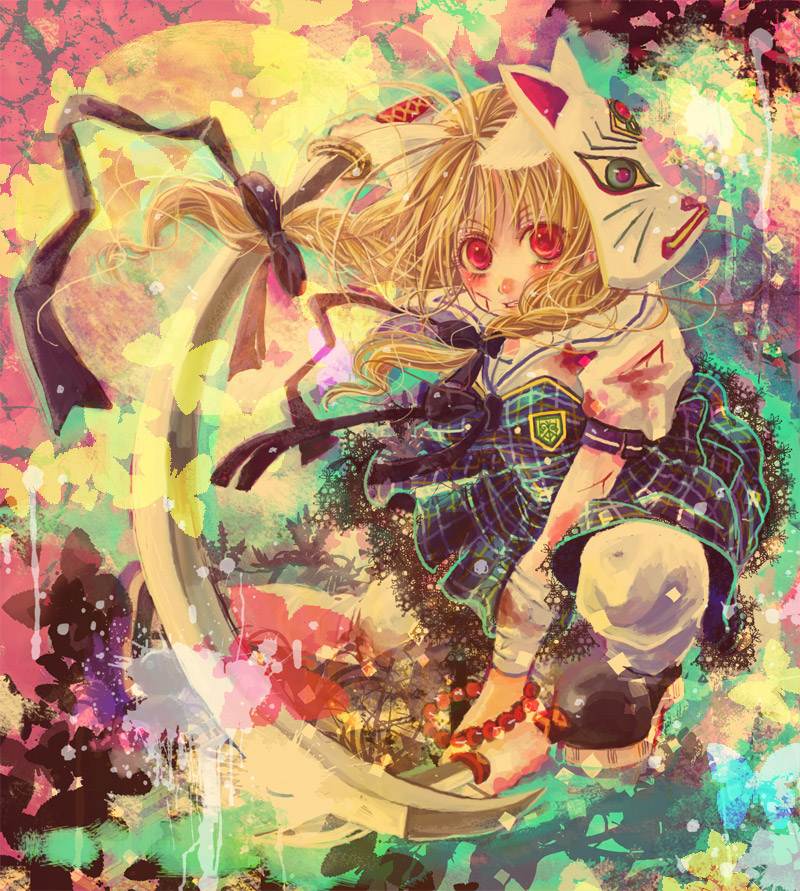 ruuko (artist), original, striped, 1girl, blonde hair, dress, female focus, fox mask, hair ribbon, mask, red eyes, ribbon, school uniform, solo, sword, weapon