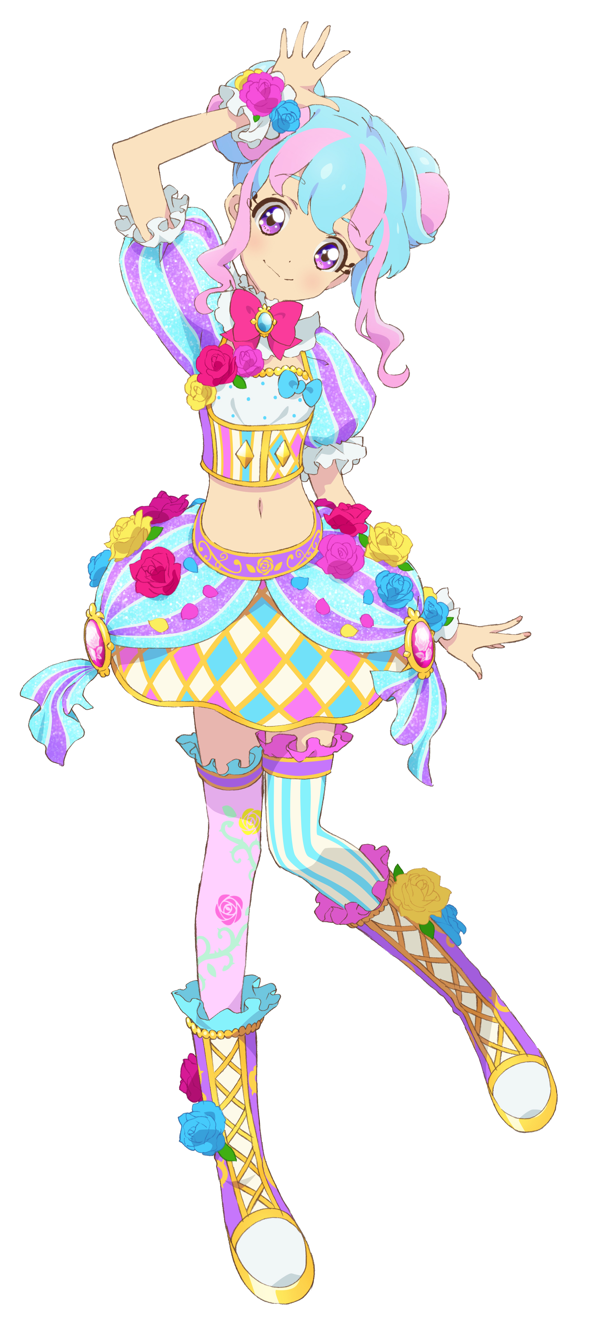 hanazono kirara, aikatsu! (series), aikatsu stars!, absurdres, highres, official art, second-party source, 1girl, arm up, asymmetrical legwear, blue flower, blue hair, blue rose, boots, cropped shirt, donut hair bun, double bun, floral print, flower, frilled thighhighs, frills, full body, hair bun, looking at viewer, miniskirt, mismatched legwear, multicolored hair, navel, pink hair, puffy short sleeves, puffy sleeves, purple boots, purple eyes, rose, short sleeves, sidelocks, simple background, skirt, smile, solo, standing, standing on one leg, striped clothes, striped thighhighs, tachi-e, thighhighs, two-tone hair, vertical-striped clothes, vertical-striped thighhighs, white background, yellow flower, yellow rose