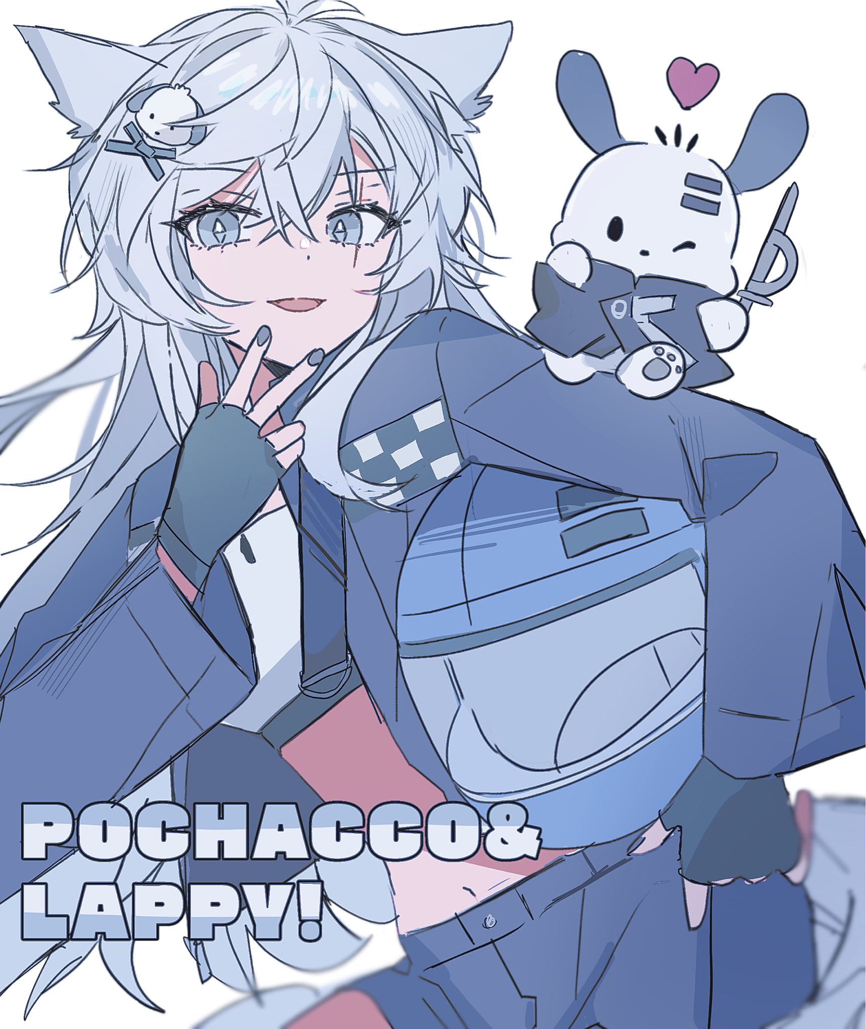 seri (vyrlw), lappland (arknights), pochacco, arknights, sanrio, commentary, highres, symbol-only commentary, 1girl, ;), animal ears, animal hands, bandeau, black coat, black gloves, black jacket, black nails, black shorts, character hair ornament, character name, coat, cosplay, crossed bangs, dog ears, dog paws, fingerless gloves, gloves, grey bandeau, grey eyes, grey hair, grey tail, hair between eyes, hair ornament, hairclip, hand up, heart, helmet, holding, holding sword, holding unworn helmet, holding weapon, jacket, lappland (arknights) (cosplay), long hair, long sleeves, looking at viewer, messy hair, midriff, motorcycle helmet, nail polish, navel, one eye closed, open clothes, open jacket, open mouth, scar, scar across eye, scar on face, shorts, sidelocks, simple background, smile, sword, tail, unworn headwear, unworn helmet, upper body, weapon, white background, wolf ears, wolf girl, wolf tail, x hair ornament