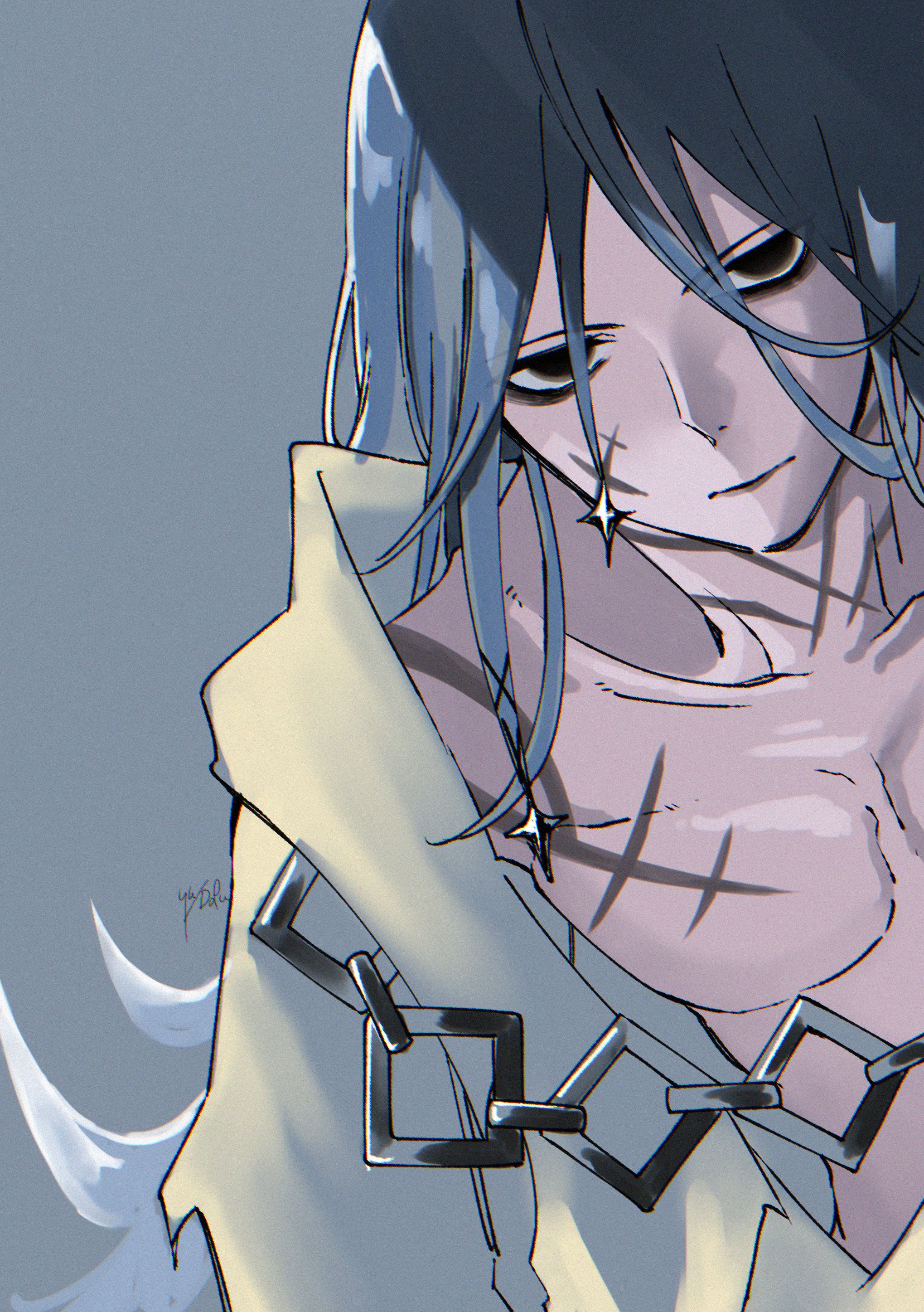 fate/grand order, fate (series), absurdres, highres, 1boy, azrael (grand assassin) (fate), bags under eyes, black eyes, blue hair, facial scar, grey background, hair between eyes, hair ornament, long hair, looking at viewer, male focus, pectorals, robe, scar, scar on cheek, scar on chest, scar on face, scar on neck, solo, upper body, white robe, yu dofu