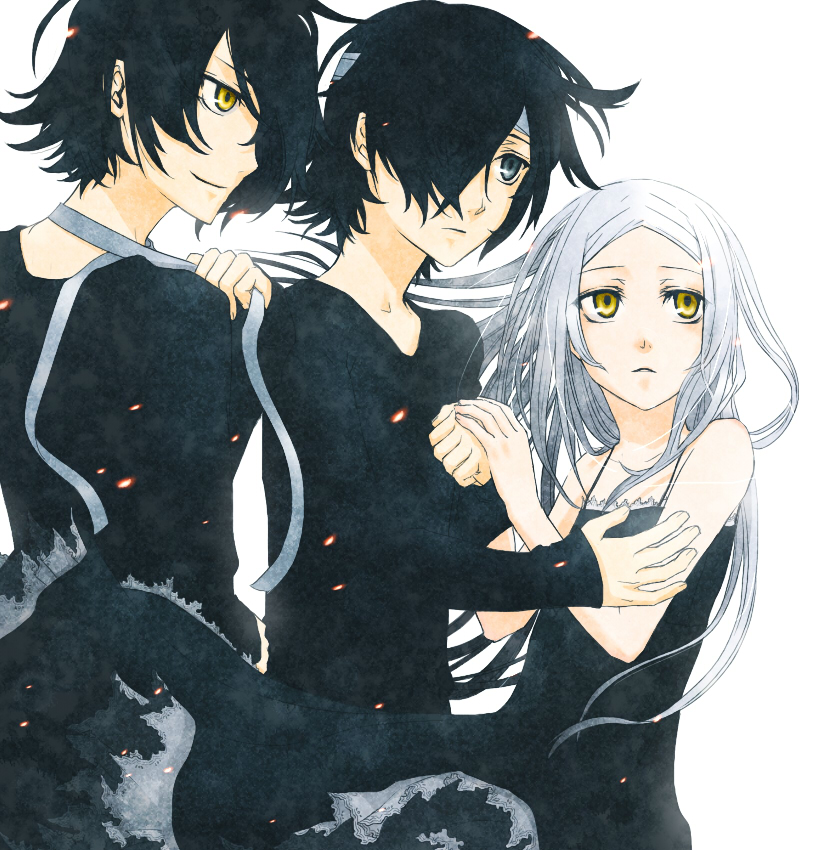 collair (cono), nocc, allelujah haptism, hallelujah haptism, soma peries, gundam, gundam 00, bad id, bad pixiv id, 00s, 1girl, 2boys, bandages, bare shoulders, black hair, grey eyes, long hair, multiple boys, simple background, white hair, yellow eyes