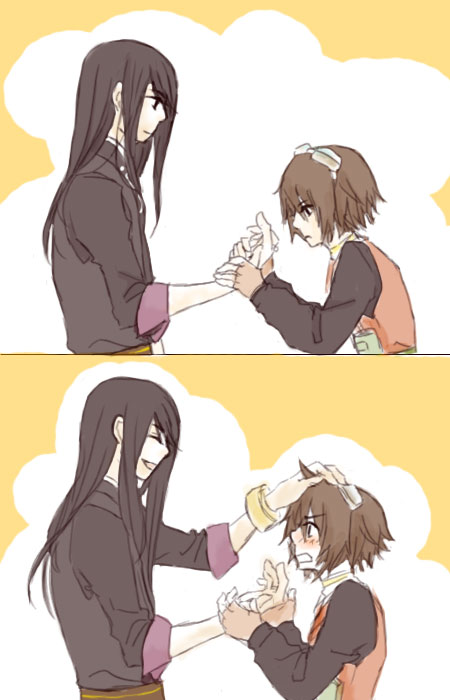 hetzosh, rita mordio, yuri lowell, tales of (series), tales of vesperia, bad id, bad pixiv id, 00s, 1boy, 1girl, black hair, blush, bob cut, brown hair, gloves, goggles, green eyes, headpat, hetero, holding hands, jewelry, ring, simple background