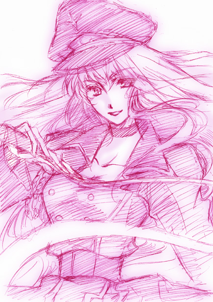 shou fuji, sheryl nome, macross, macross frontier, 00s, 1girl, female focus, hat, monochrome, pink theme, sketch, solo