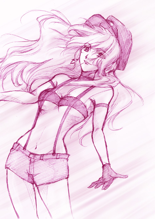 shou fuji, sheryl nome, macross, macross frontier, 00s, 1girl, female focus, gloves, hat, midriff, monochrome, purple theme, sketch, solo