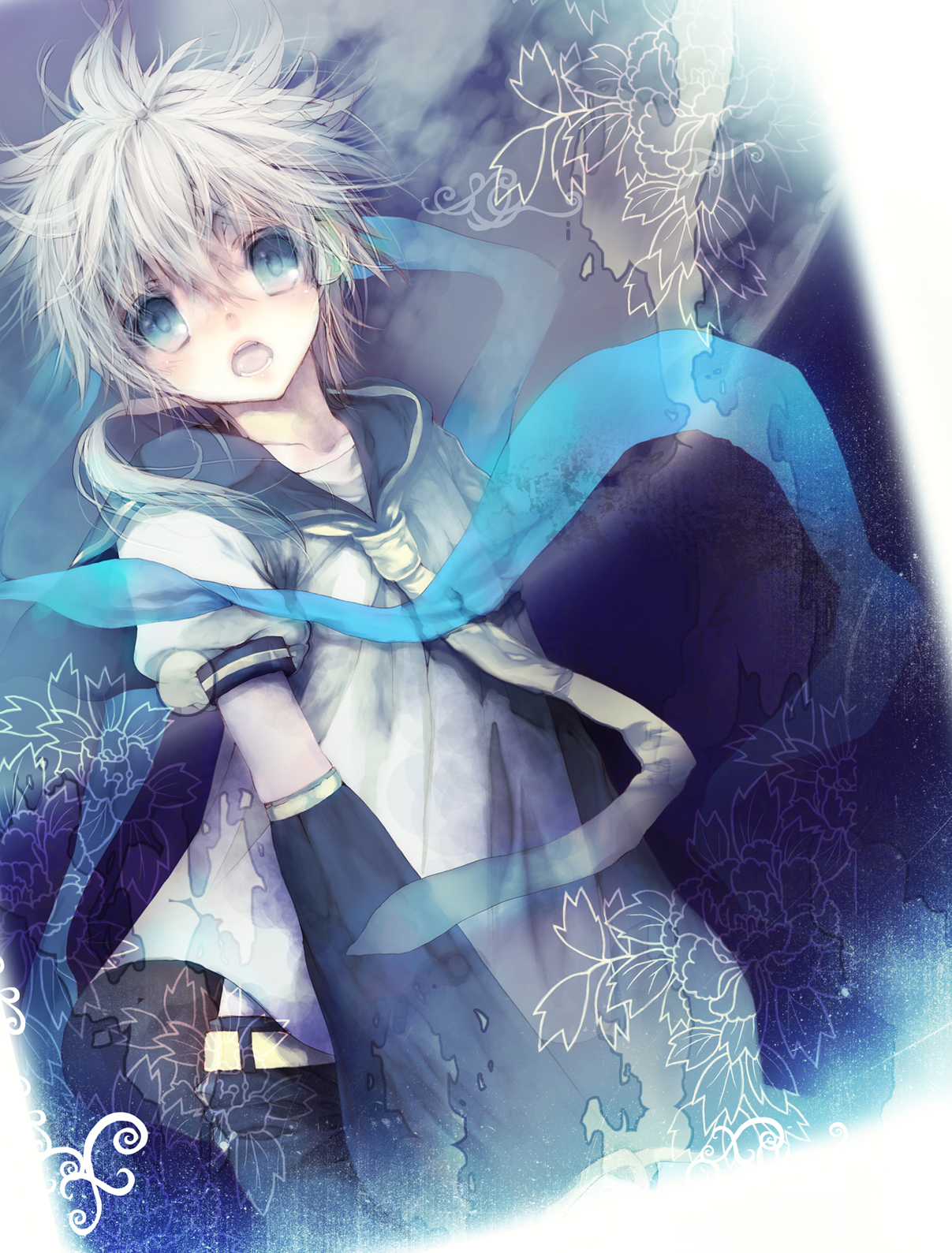 ooki bonta, kagamine len, vocaloid, highres, 1boy, blonde hair, blue eyes, detached sleeves, flower, flower symbol, headset, male focus, necktie, scarf, short hair, solo
