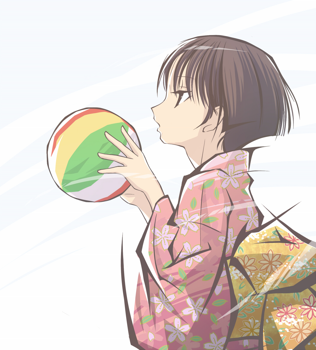 haiiro (hi ghi ro), original, 1girl, ball, beachball, brown hair, female focus, from side, japanese clothes, kimono, pink kimono, profile, short hair, solo, yukata