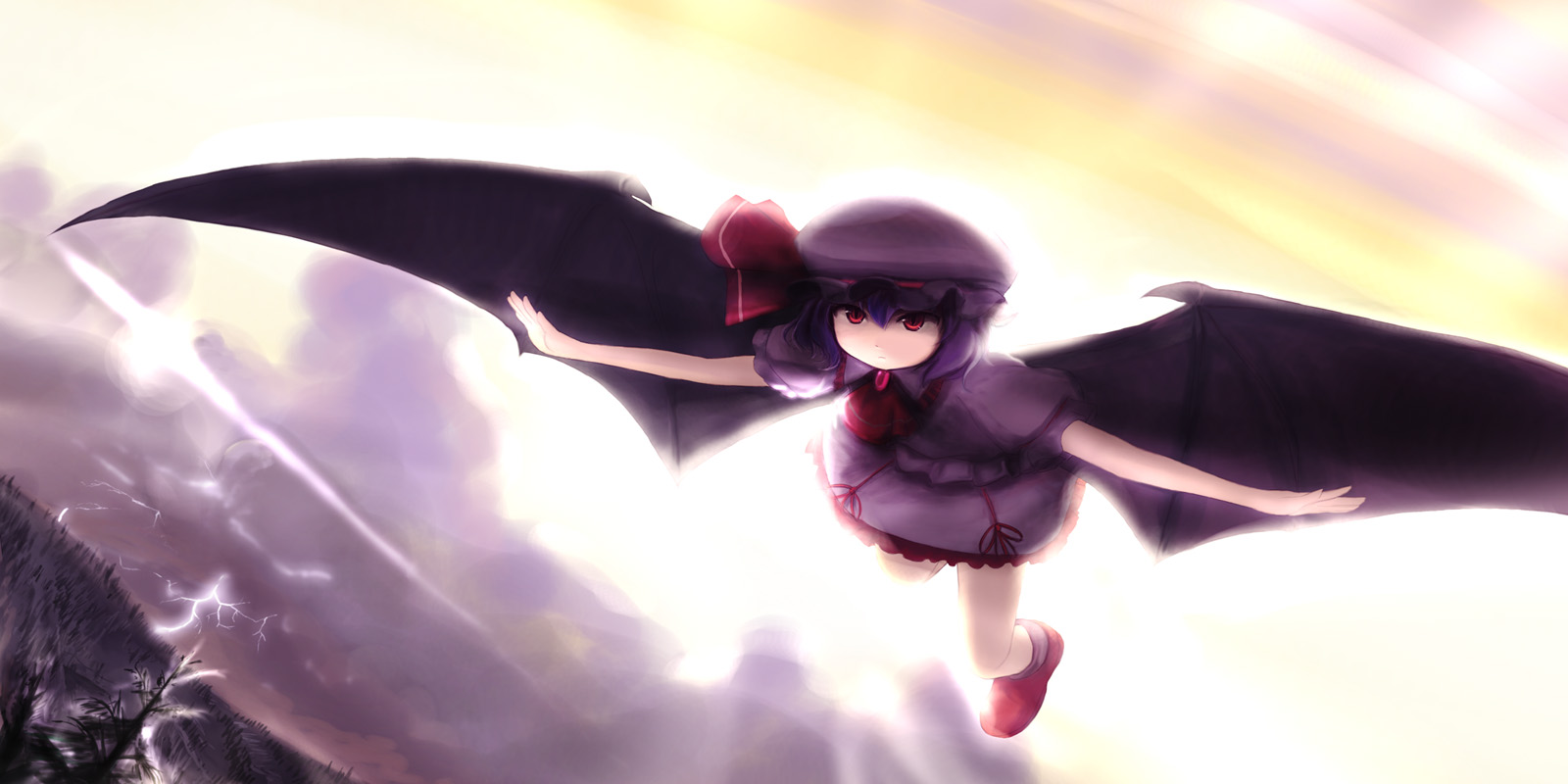 tsubasa (abchipika), remilia scarlet, touhou, highres, 1girl, female focus, flying, forest, lightning, nature, solo
