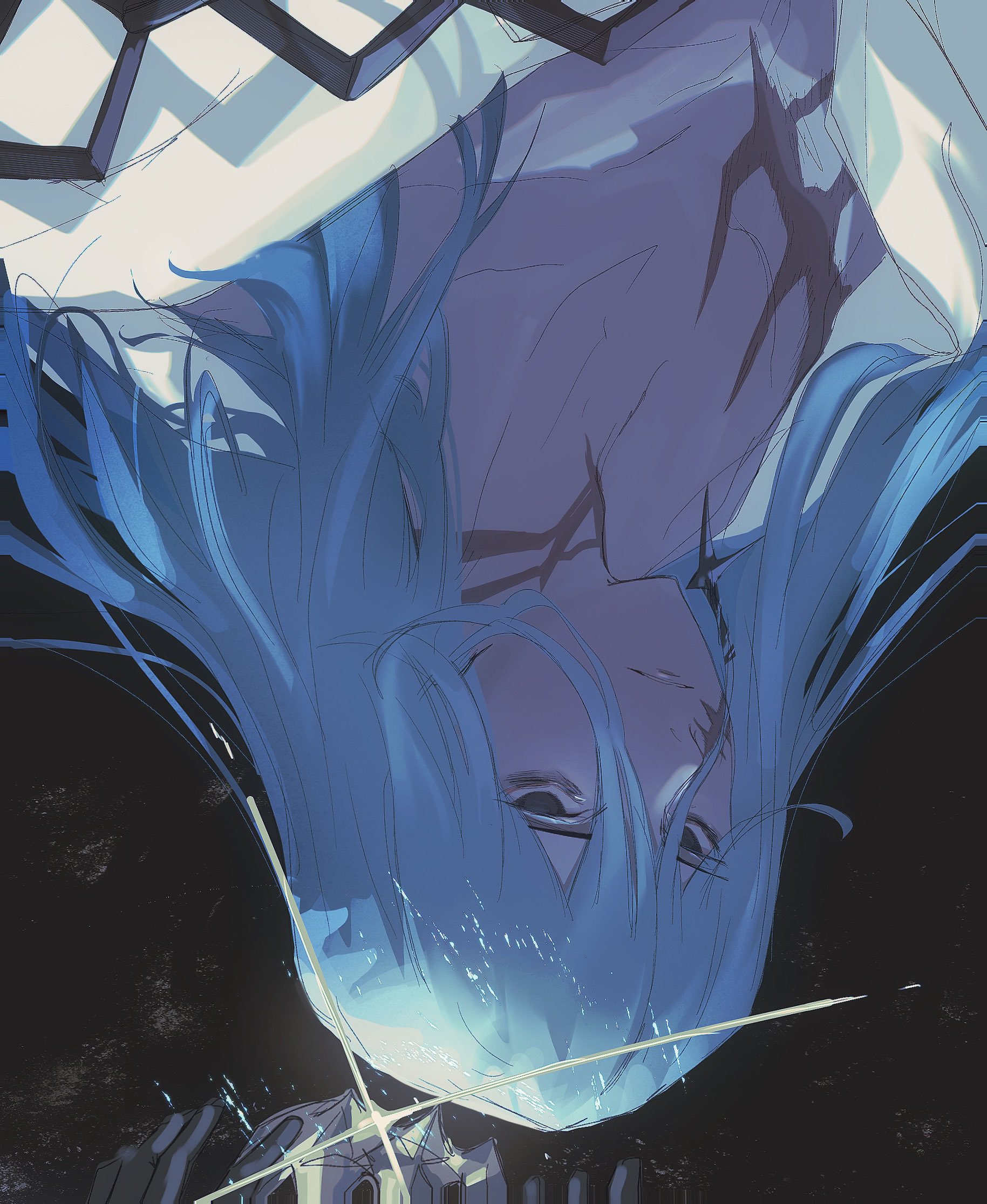 fuyotan, fate/grand order, fate (series), highres, 1boy, azrael (grand assassin) (fate), bags under eyes, black background, black eyes, blue hair, colored skin, dark-skinned male, dark skin, facial scar, grey skin, hair between eyes, hair ornament, long hair, looking at viewer, male focus, scar, scar on cheek, scar on chest, scar on face, scar on neck, solo, upside-down