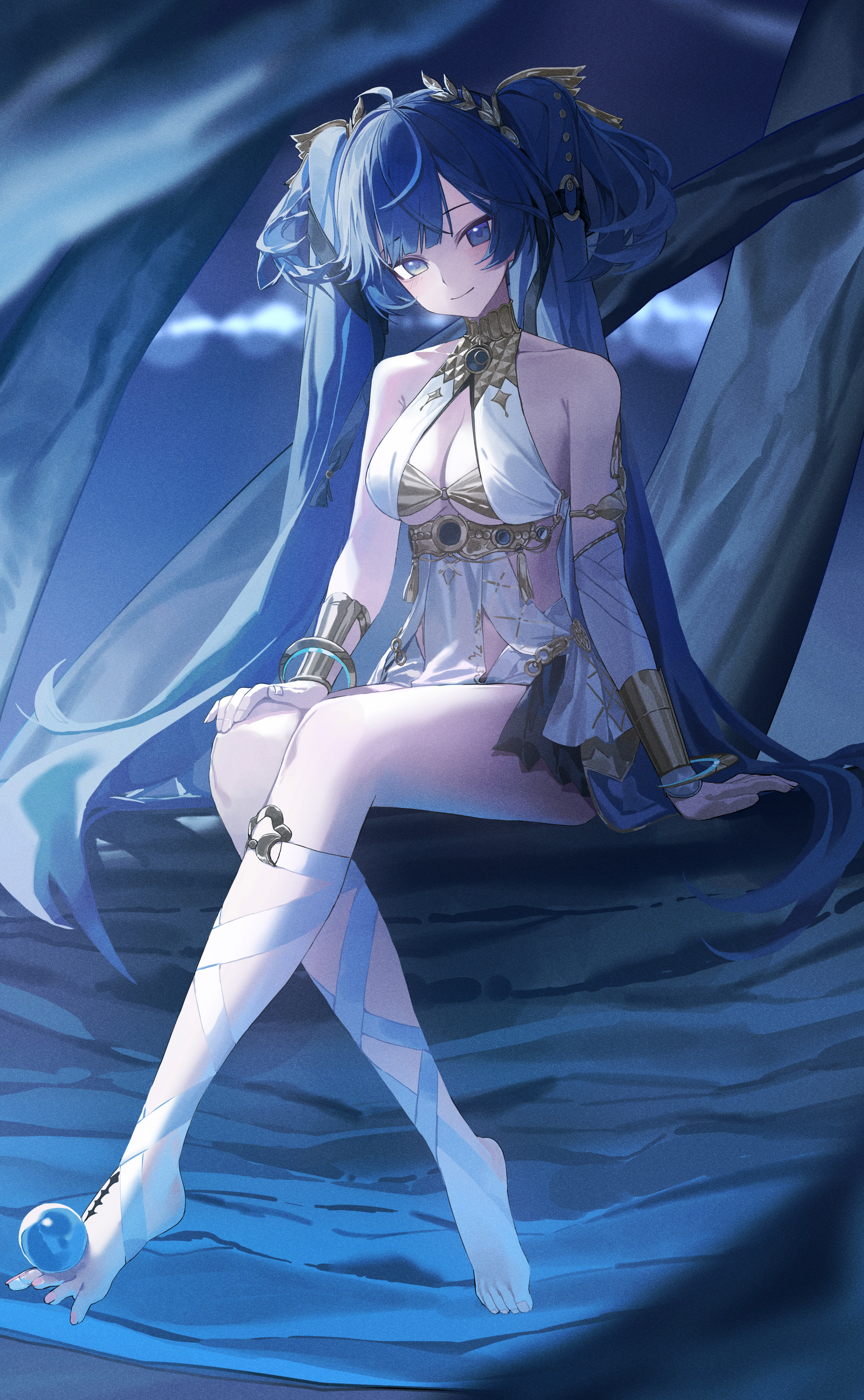 zhihuigugudegezi, iuno (wuthering waves), wuthering waves, absurdres, chinese commentary, commentary request, highres, 1girl, ahoge, armlet, bare shoulders, barefoot, black skirt, blue eyes, breasts, cleavage, closed mouth, feet, gold bra, hair belt, jewelry, laurel crown, leg wrap, long hair, looking at viewer, medium breasts, multicolored hair, on branch, orb, showgirl skirt, sitting, skirt, smile, solo, streaked hair, tacet mark (wuthering waves), thighs, toes, twintails, vambraces, very long hair
