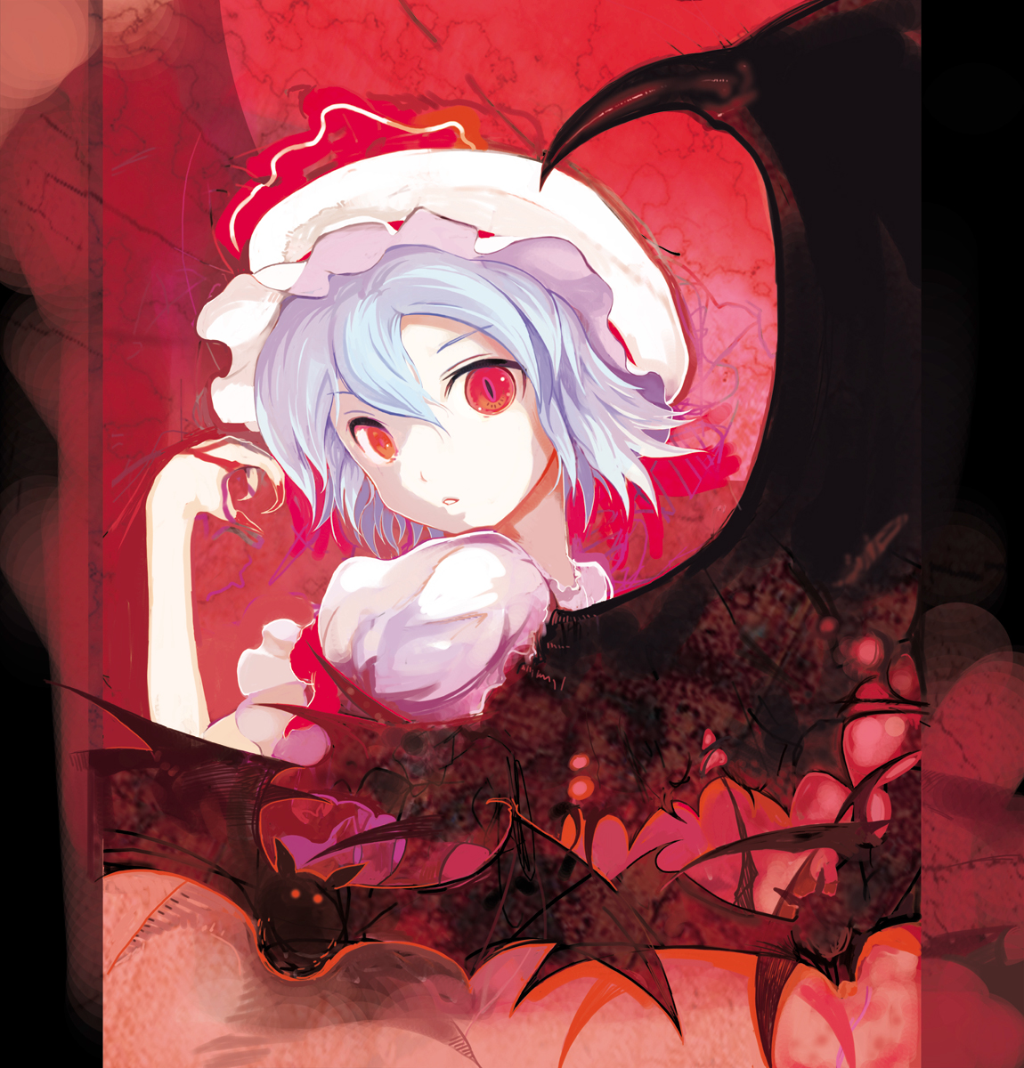 yuugiri (artist), yuugiri (u-slash), remilia scarlet, touhou, bad id, bad pixiv id, highres, 1girl, bat (animal), bat wings, blood, blue hair, female focus, hat, red eyes, ribbon, short hair, slit pupils, solo, wings