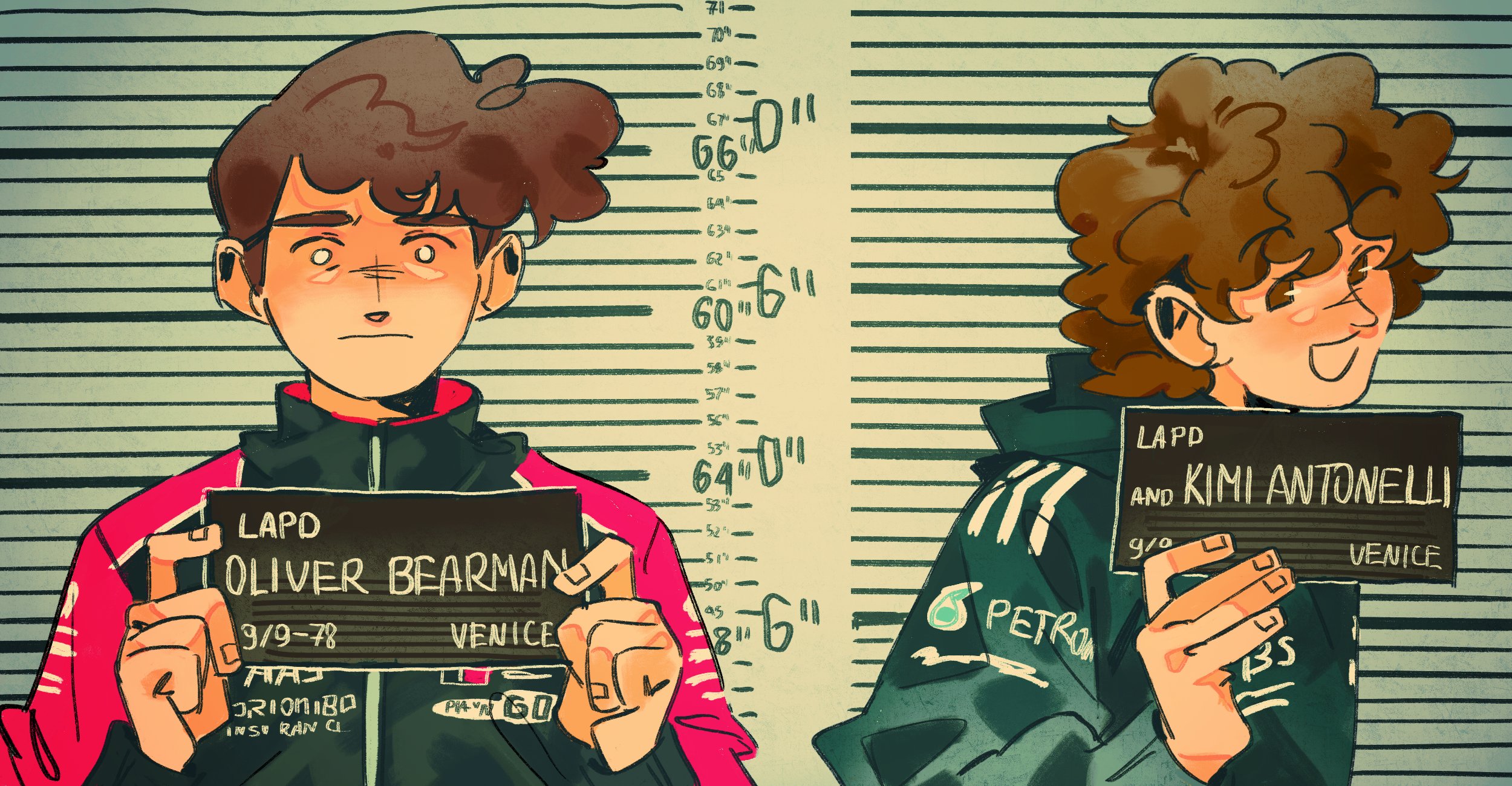 formula one, real life, commentary, english commentary, highres, 2boys, :d, andrea kimi antonelli, barbie mugshot (meme), black jacket, blank eyes, brown eyes, brown hair, character name, closed mouth, holding, holding sign, jacket, looking at viewer, male focus, meme, mugshot, multiple boys, oliver bearman, open mouth, short hair, sign, smile, sog goog