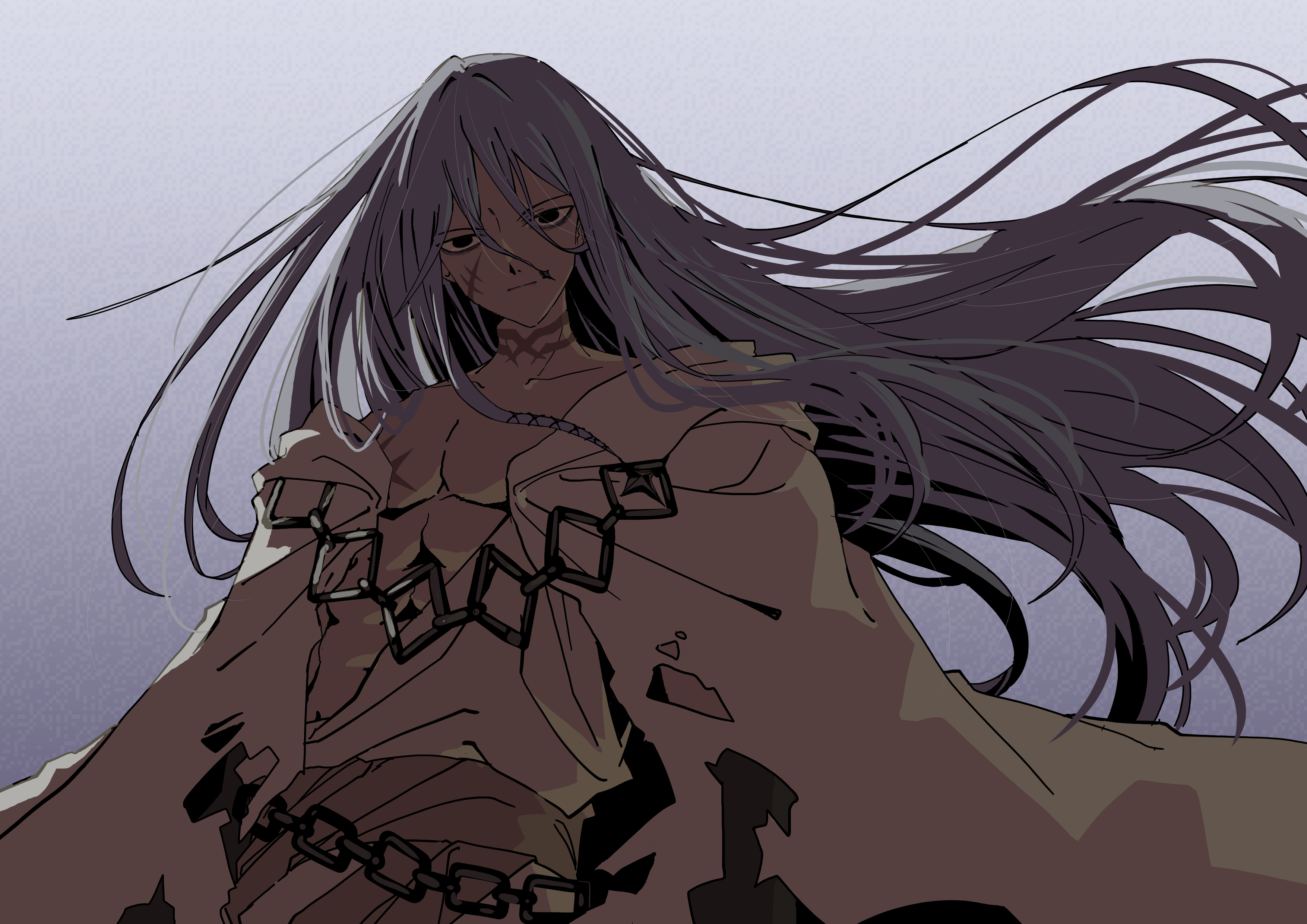frog fg0, fate/grand order, fate (series), absurdres, highres, 1boy, azrael (grand assassin) (fate), bags under eyes, black eyes, colored skin, dark-skinned male, dark skin, facial scar, floating hair, gradient background, grey background, grey hair, grey skin, hair between eyes, hair ornament, long hair, looking at viewer, male focus, pectorals, robe, sash, scar, scar on cheek, scar on chest, scar on face, scar on neck, solo, torn clothes, torn robe, upper body, white robe