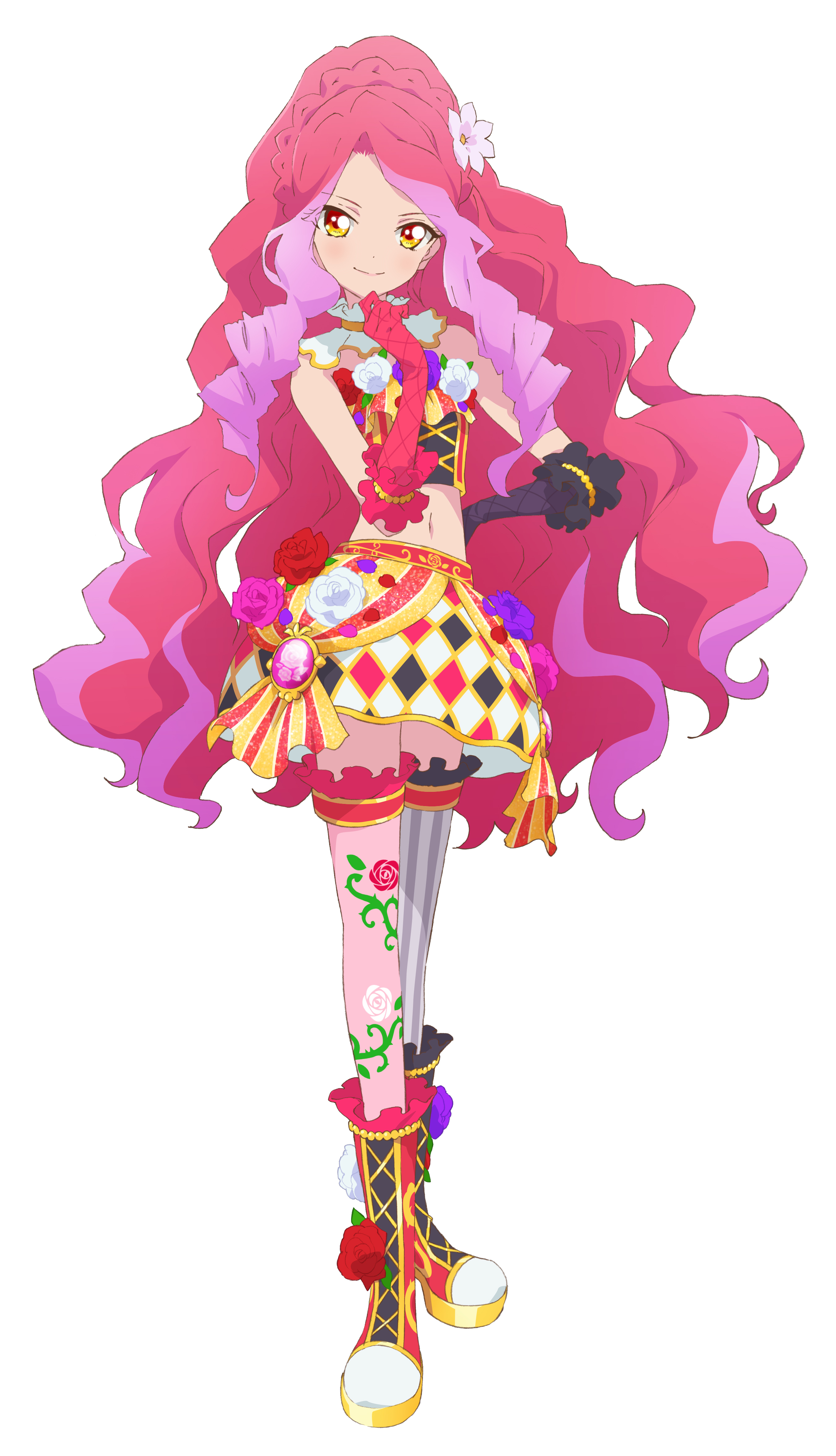 elza forte, aikatsu! (series), aikatsu stars!, absurdres, highres, official art, second-party source, 1girl, boots, braid, closed mouth, crown braid, drill hair, floral print, flower, full body, gloves, hair flower, hair ornament, hand on own hip, hand up, high heels, idol clothes, long hair, looking at viewer, multicolored hair, navel, pink hair, pink thighhighs, red boots, red flower, red gloves, red rose, rose, simple background, smile, solo, standing, tachi-e, thighhighs, very long hair, white background