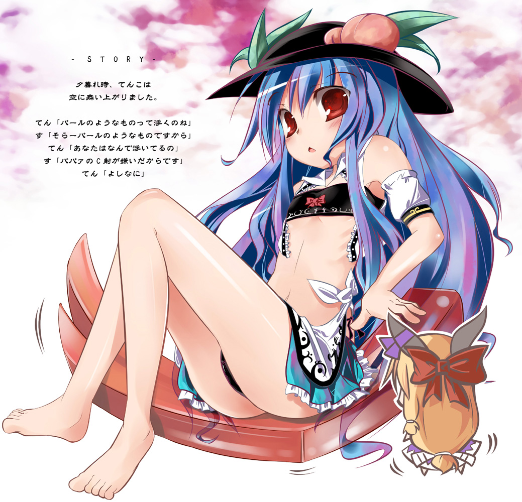 shin no, yamaguchi shinnosuke, hinanawi tenshi, ibuki suika, touhou, 2girls, barefoot, blue hair, blush, chibi, feet, female focus, flat chest, food, fruit, hat, long hair, multiple girls, peach, red eyes, swimsuit