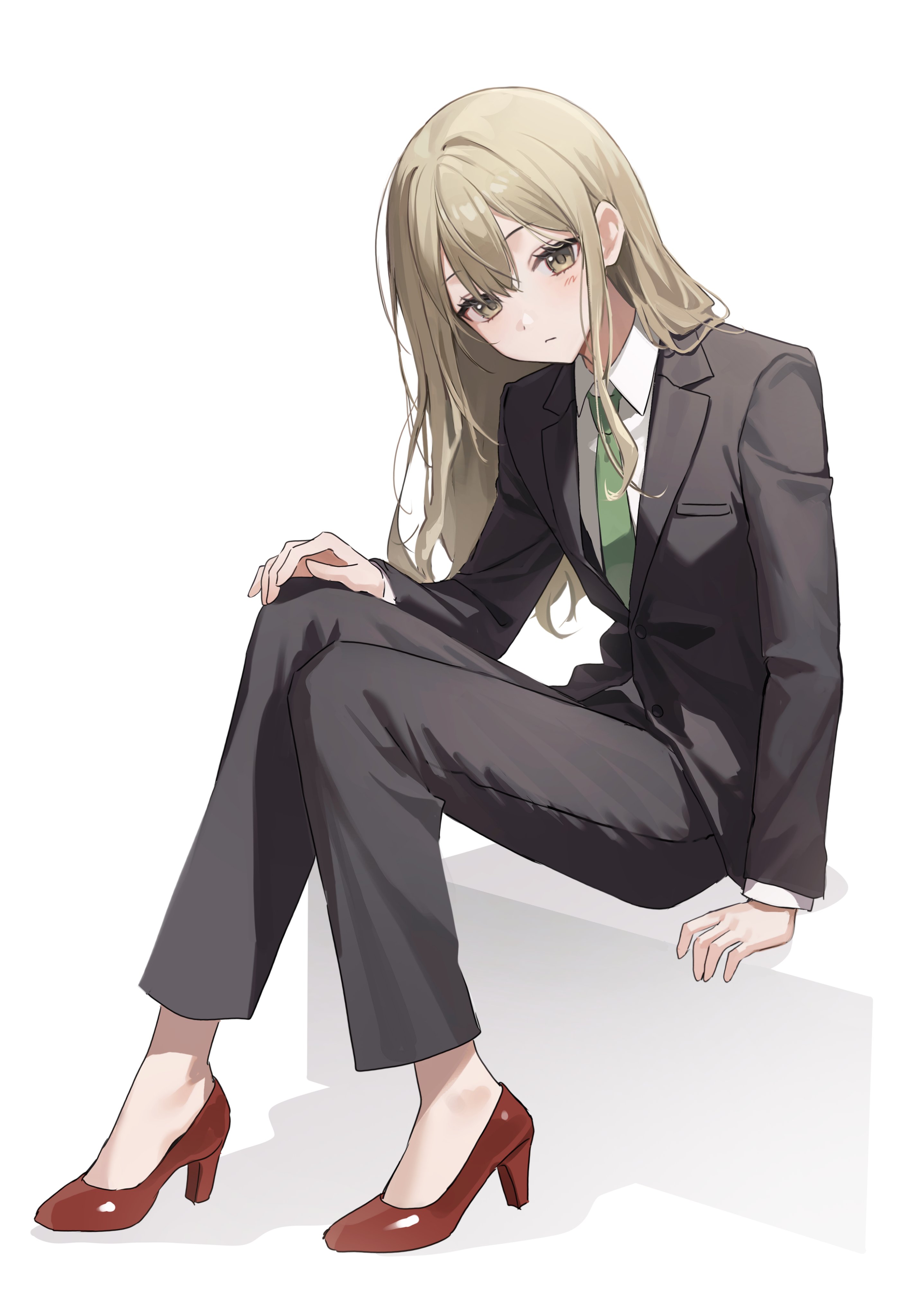 as4 s2, original, absurdres, highres, 1girl, black jacket, black pants, blonde hair, blush, brown eyes, closed mouth, collared shirt, double-parted bangs, formal clothes, full body, hand on own knee, high heels, jacket, long hair, long sleeves, looking at viewer, pants, red shoes, shirt, shoes, simple background, sitting, solo, suit, white background, white shirt
