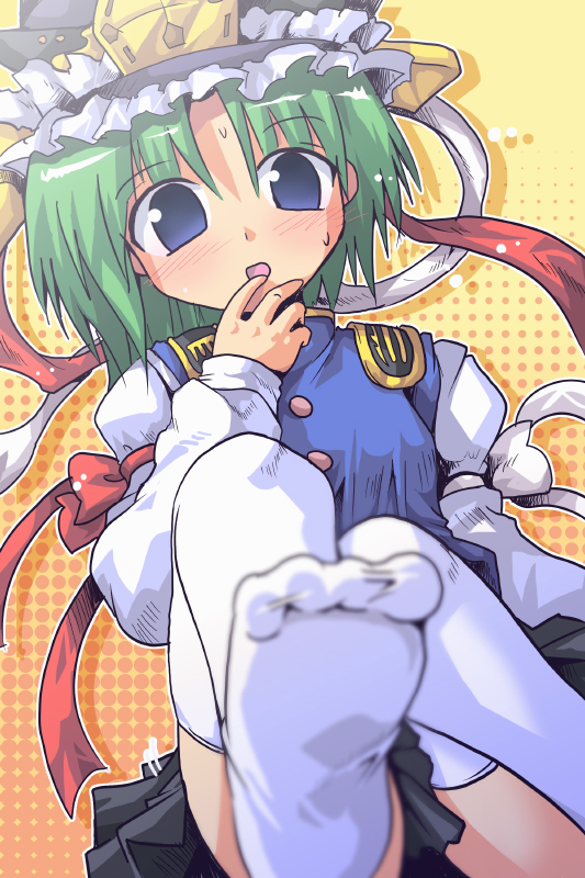 kurogarasu, shiki eiki, touhou, 1girl, blue eyes, blush, feet, female focus, finger in own mouth, finger to mouth, foreshortening, green hair, hat, open mouth, polka dot, ribbon, short hair, skirt, solo, sweat, thighhighs, toes