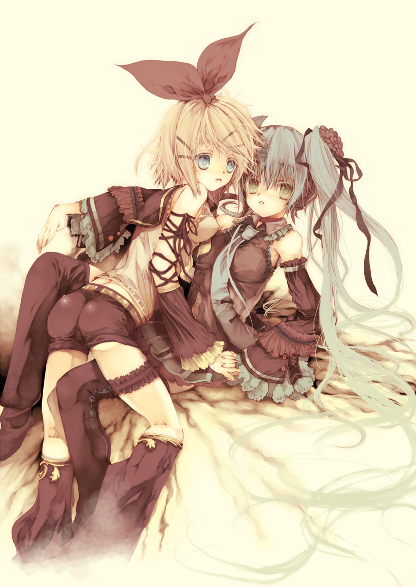 ooki bonta, hatsune miku, kagamine rin, vocaloid, 2girls, aqua hair, blonde hair, blue eyes, choker, detached sleeves, flower, green eyes, hair ornament, hair ribbon, hairclip, headset, long hair, multiple girls, necktie, ribbon, short hair, shorts, skirt, thighhighs, twintails, very long hair, yuri, zettai ryouiki