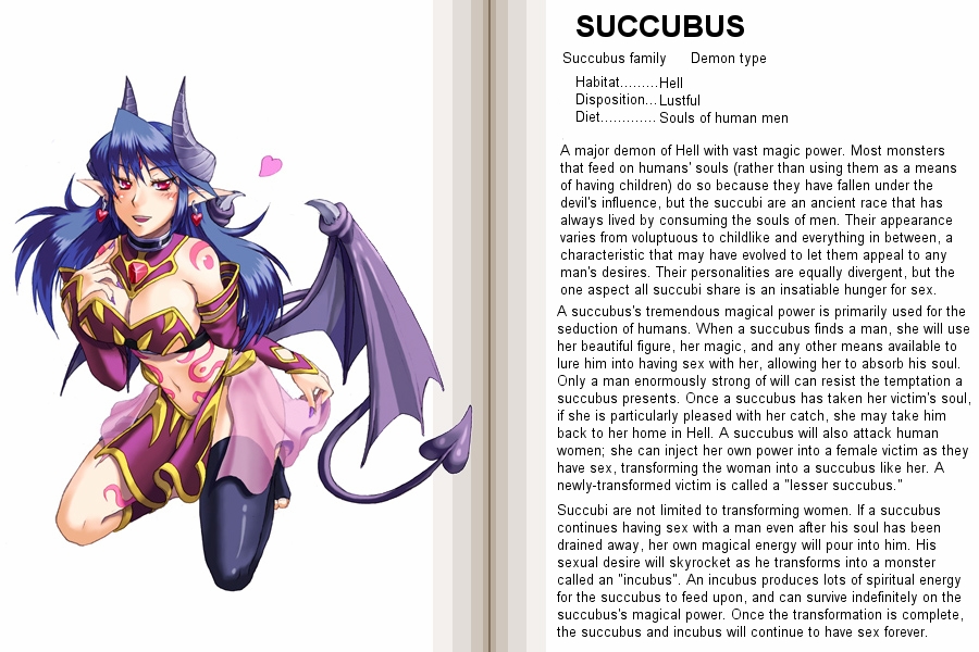 kenkou cross, succubus (monster girl encyclopedia), monster girl encyclopedia, hard-translated, official art, third-party edit, translated, 1girl, blue hair, blush, breasts, character profile, choker, demon, demon girl, demon tail, demon wings, earrings, english text, female focus, horns, jewelry, large breasts, long hair, midriff, monster girl, pointy ears, red eyes, solo, tail, tattoo, thighhighs, wings