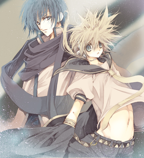 ooki bonta, kagamine len, kaito (vocaloid), vocaloid, 2boys, blonde hair, blue eyes, blue hair, detached sleeves, headset, male focus, midriff, multiple boys, navel, necktie, scarf, short hair