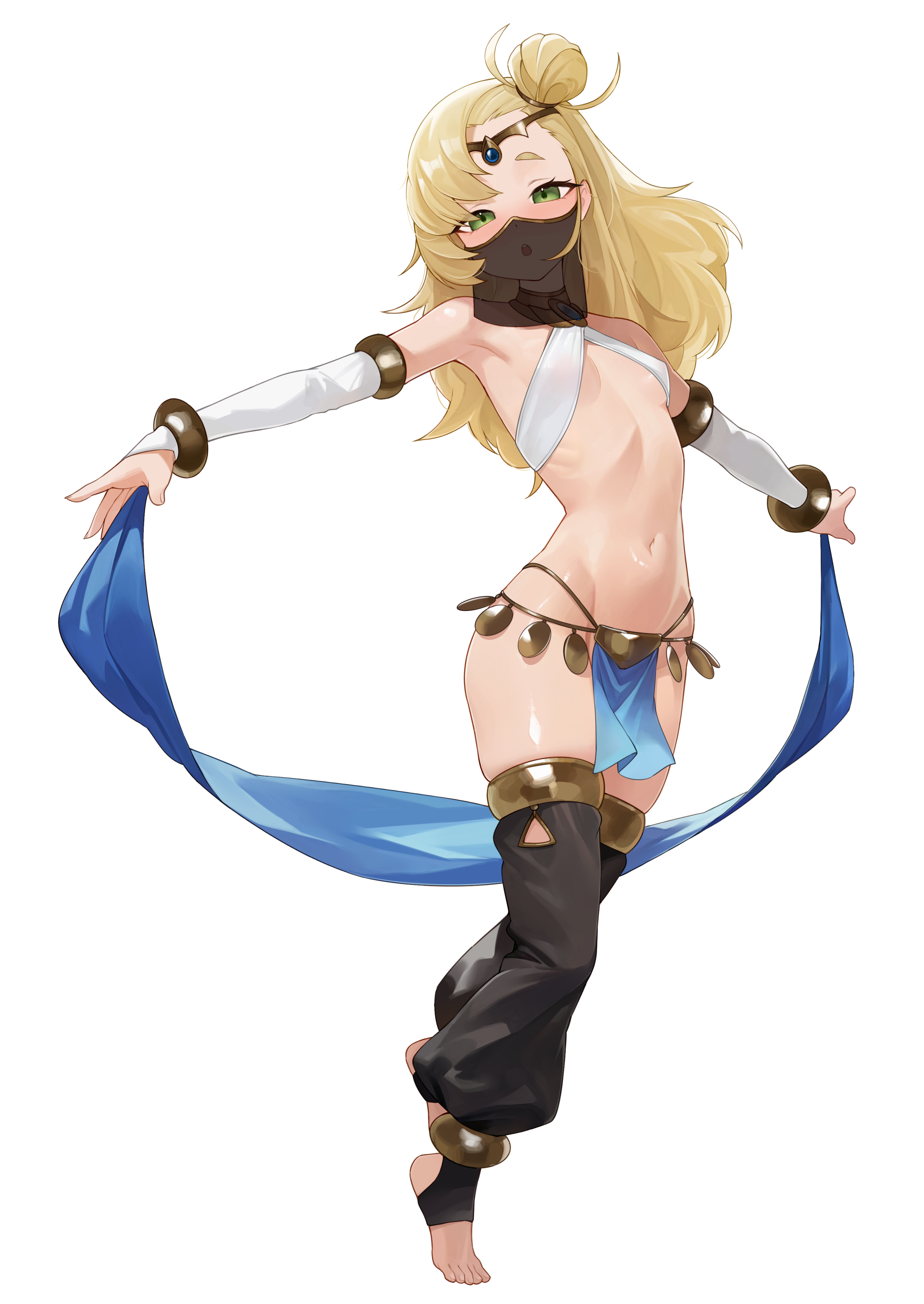 weimiaw, piper wheel, zenless zone zero, absurdres, commentary, highres, 1girl, :o, armpits, bare shoulders, blonde hair, blush, breasts, circlet, dancer, detached sleeves, full body, green eyes, hair bun, harem outfit, harem pants, long hair, mouth veil, navel, pants, ribs, short eyebrows, simple background, single hair bun, small breasts, solo, stirrup legwear, stomach, toeless legwear, toes, veil, white background