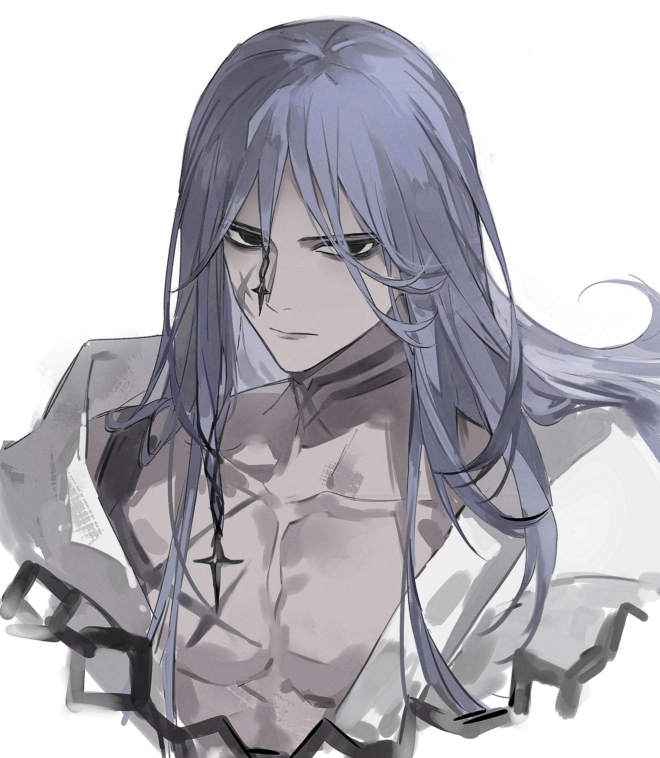 fate/grand order, fate (series), absurdres, highres, 1boy, azrael (grand assassin) (fate), bags under eyes, black eyes, blue hair, cropped torso, dark-skinned male, dark skin, facial scar, hair between eyes, hair ornament, long hair, looking at viewer, male focus, muhan012, pectorals, robe, scar, scar on cheek, scar on chest, scar on face, scar on neck, simple background, solo, white background, white robe