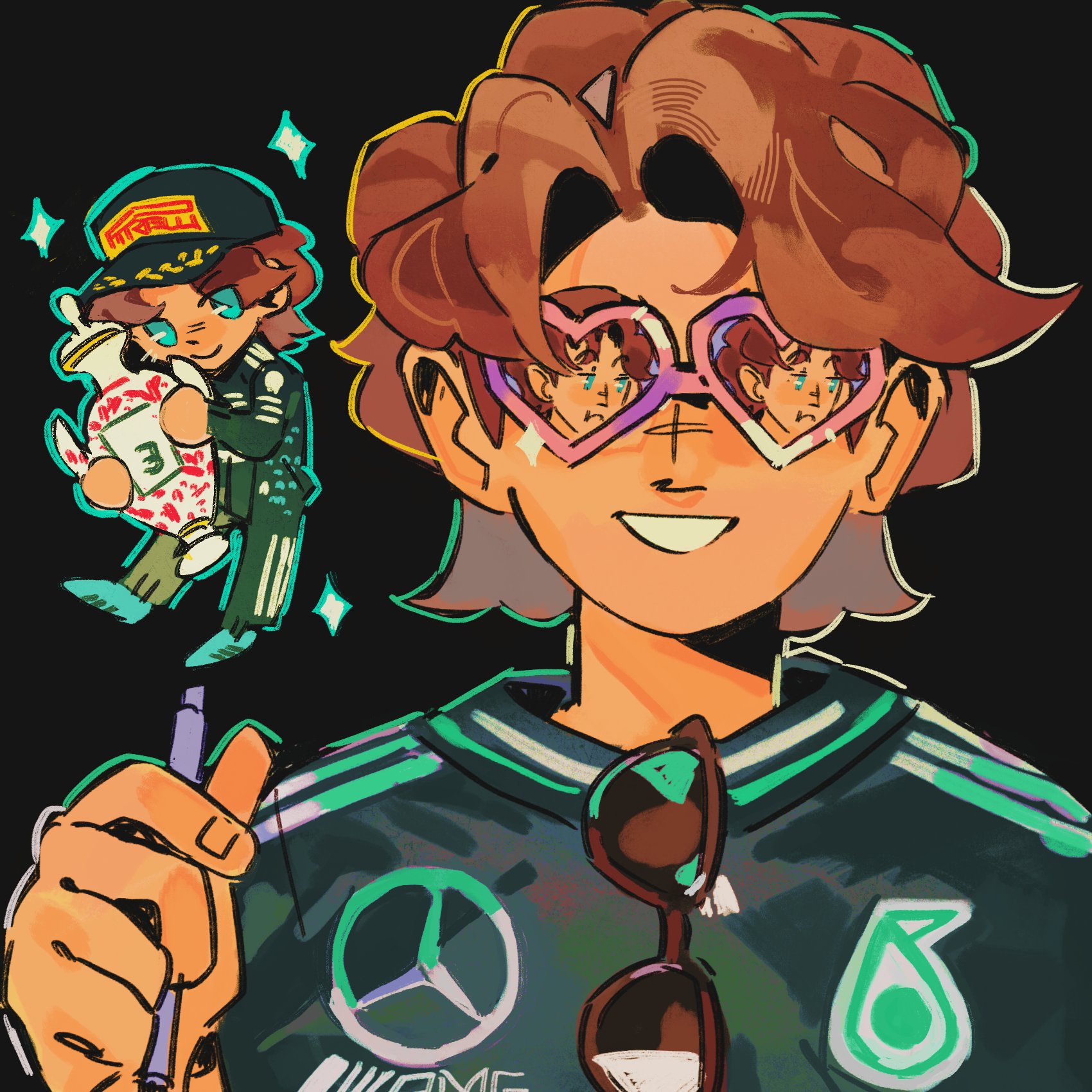 formula one, pirelli, real life, commentary, english commentary, highres, 1boy, baseball cap, black background, black hat, blue eyes, blue shirt, brown hair, chibi, chibi inset, george russell, hat, heart, heart-shaped eyewear, holding, holding pen, holding trophy, looking at viewer, male focus, multiple views, pen, shirt, short hair, simple background, smile, sog goog, sparkle, sunglasses, trophy, unworn eyewear