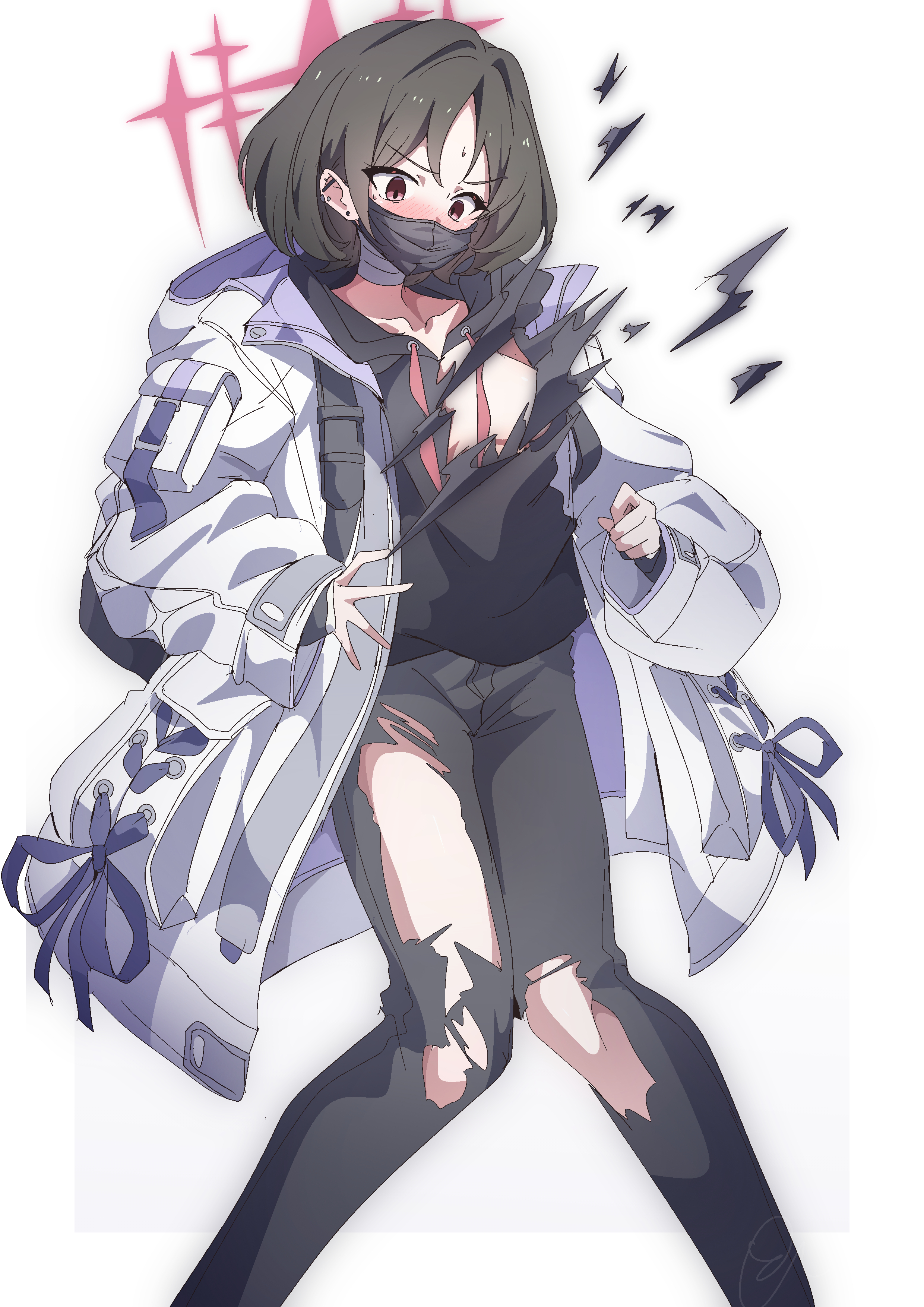 to (tototo tk), misaki (blue archive), blue archive, absurdres, highres, 1girl, bandaged neck, bandages, black hair, black hoodie, black mask, black pants, blush, breasts, coat, collarbone, ear piercing, halo, hood, hoodie, long sleeves, mask, mouth mask, pants, piercing, red eyes, red halo, short hair, simple background, small breasts, solo, star halo, surgical mask, torn clothes, torn hoodie, torn pants, white background, white coat