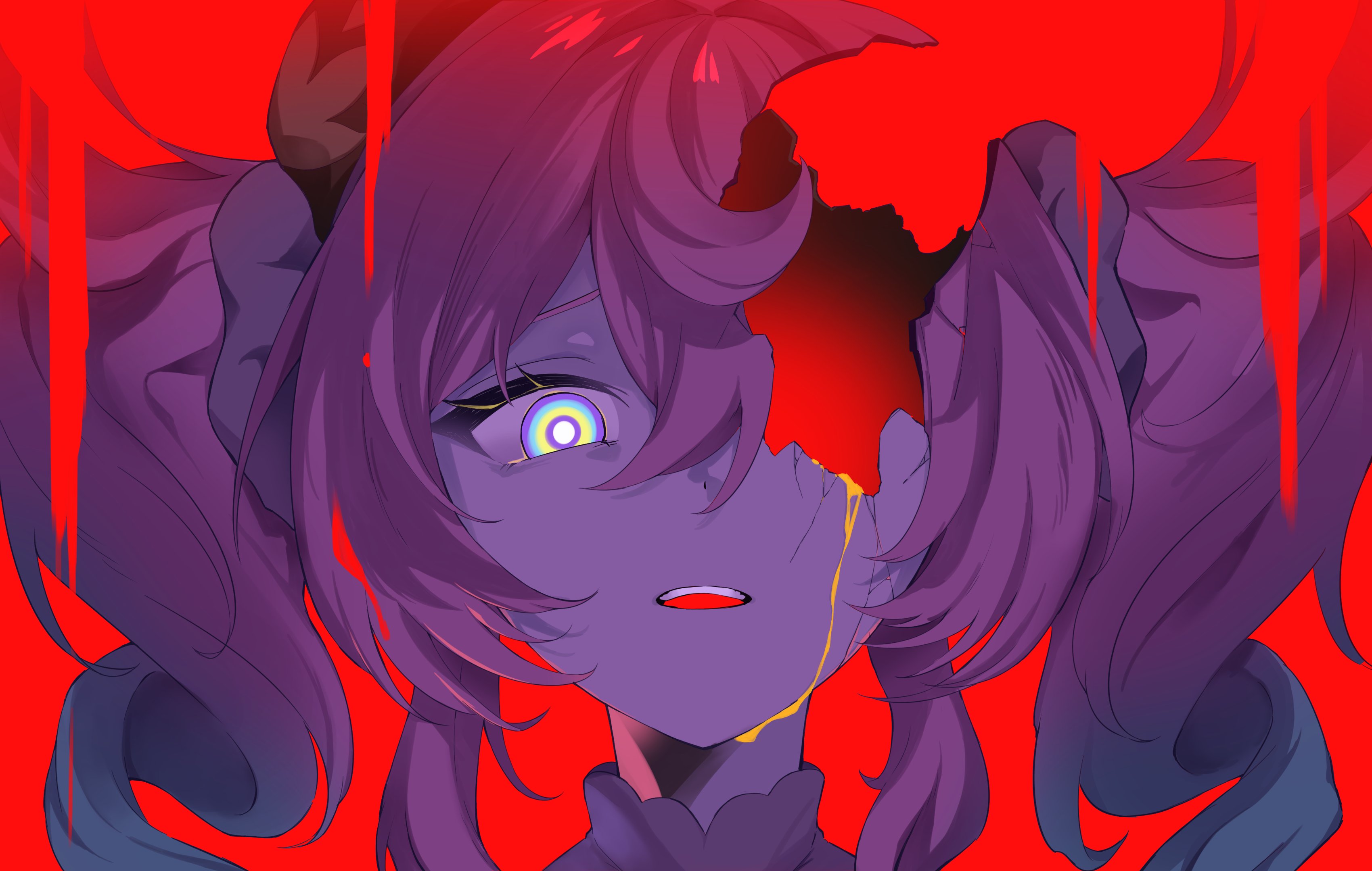 hyacine (honkai: star rail), honkai: star rail, honkai (series), absurdres, commentary, english commentary, highres, 1girl, aqua hair, aquila (honkai: star rail), drill hair, gold blood, gradient hair, hair between eyes, hair intakes, hole in head, looking at viewer, marshmallow (vocaloid), multicolored hair, noxic, parted lips, pink hair, portrait, purple eyes, red background, ringed eyes, short hair, sidelocks, solo, teardrop, teeth, twin drills, twintails, two-tone hair, upper teeth only