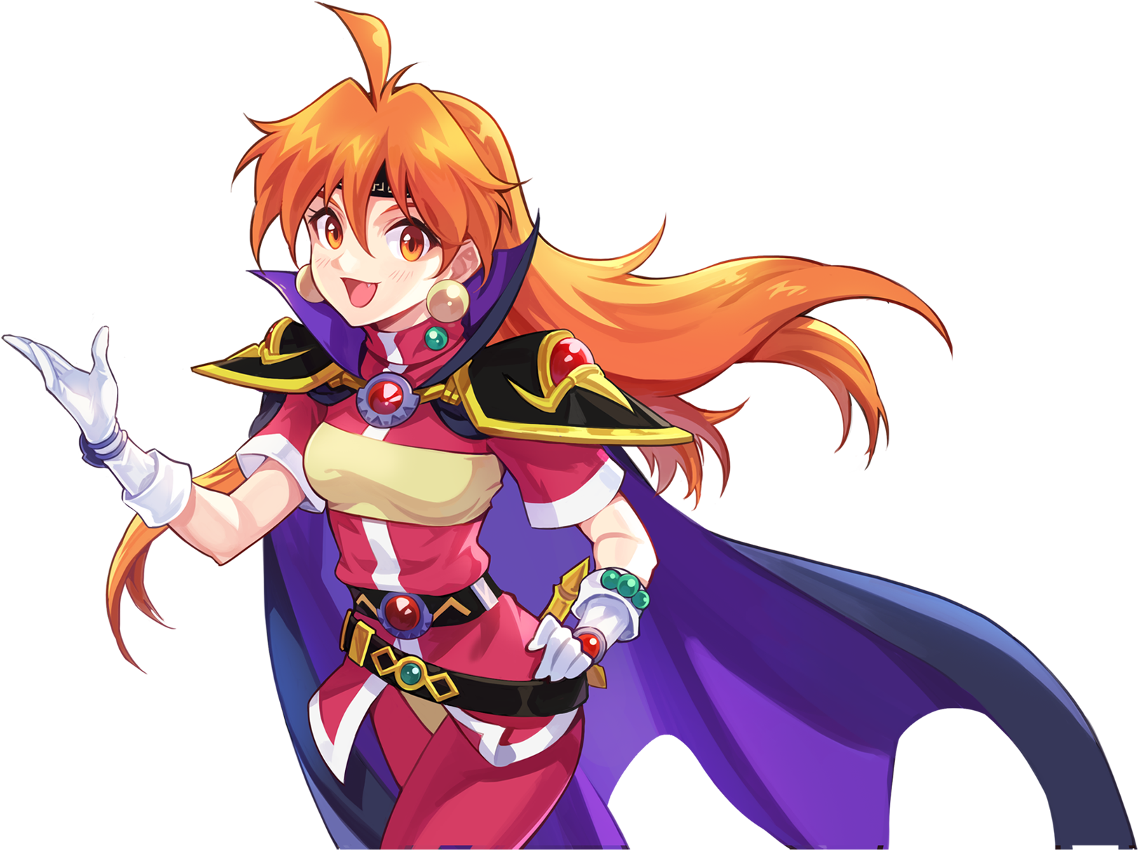 lina inverse, nexon, slayers, tales weaver, artist request, highres, official art, second-party source, ahoge, armor, belt, black armor, black belt, black headband, blue cloak, blush, bracelet, breasts, cloak, collared cloak, cowboy shot, cropped legs, earrings, eyelashes, fang, gem, gloves, green gemstone, hand on own hip, headband, high collar, jacket, jewelry, leotard, long hair, loose belt, medium breasts, open hand, open mouth, orange eyes, orange hair, pants, pauldrons, purple cloak, red gemstone, red jacket, red pants, red shorts, short sleeves, shorts, shoulder armor, straight hair, strapless, sword, tongue, tube top, turtleneck, turtleneck jacket, two-sided cloak, two-sided fabric, walking, weapon, white gloves, yellow leotard, yellow tube top
