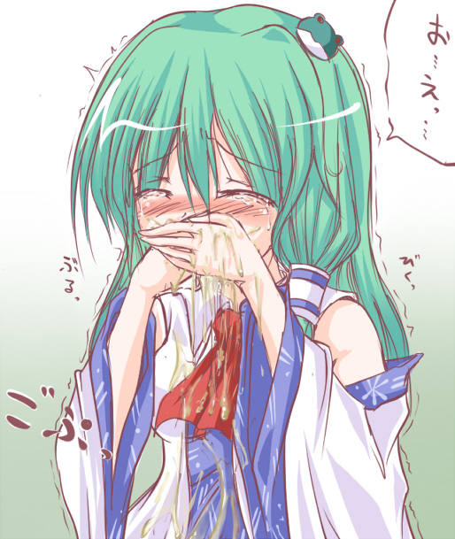 shimo (depthbomb), kochiya sanae, touhou, 1girl, detached sleeves, female focus, frog, green hair, japanese clothes, miko, ribbon, snake, solo, tears, vomit