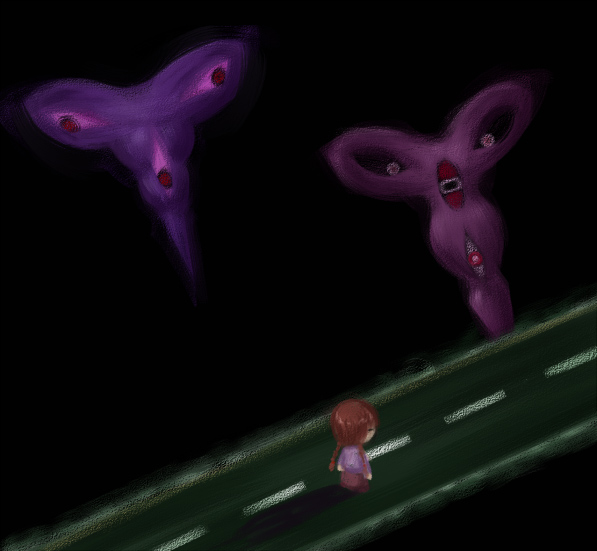 shimo (depthbomb), madotsuki, yume nikki, 1girl, black background, blouse, braid, dark, female focus, purple shirt, road, shirt, solo, street, surreal, twin braids
